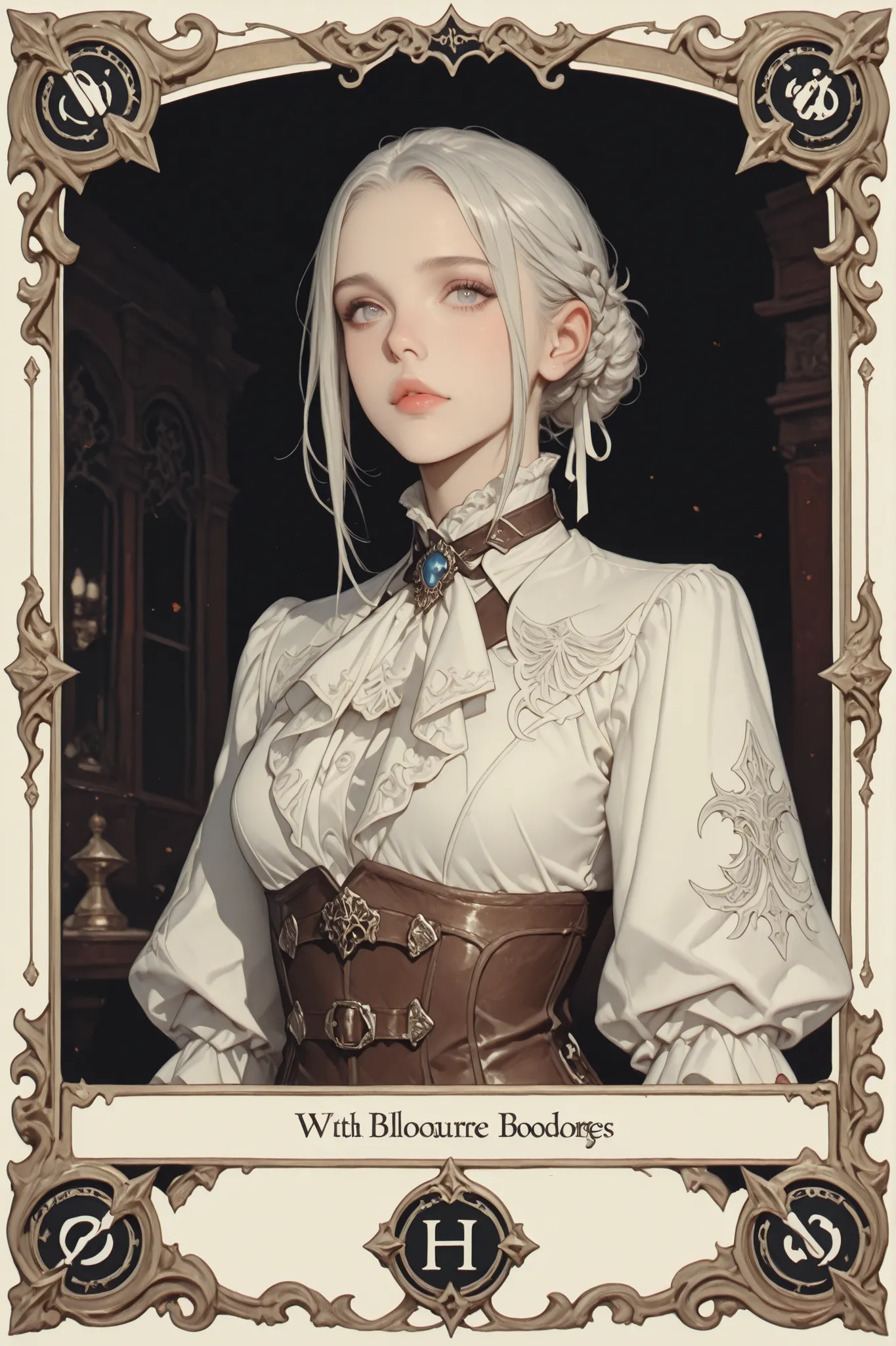 A beautiful white card game card (((with fantasy edges))), with a hyperrealist cute hot girl printed in the Bloodbourne aesthetic and style