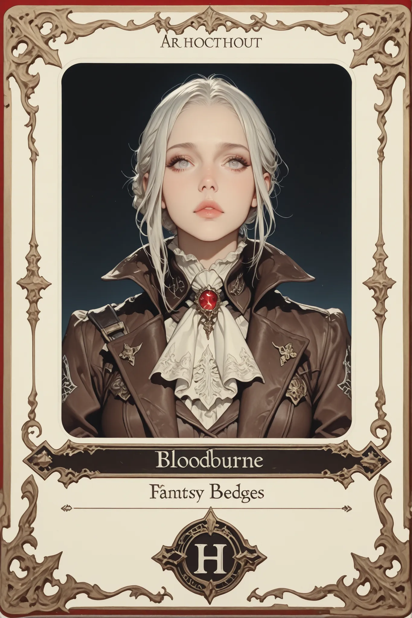 A beautiful white card game card (((with fantasy edges))), with a hyperrealist cute hot girl printed in the Bloodbourne aesthetic and style