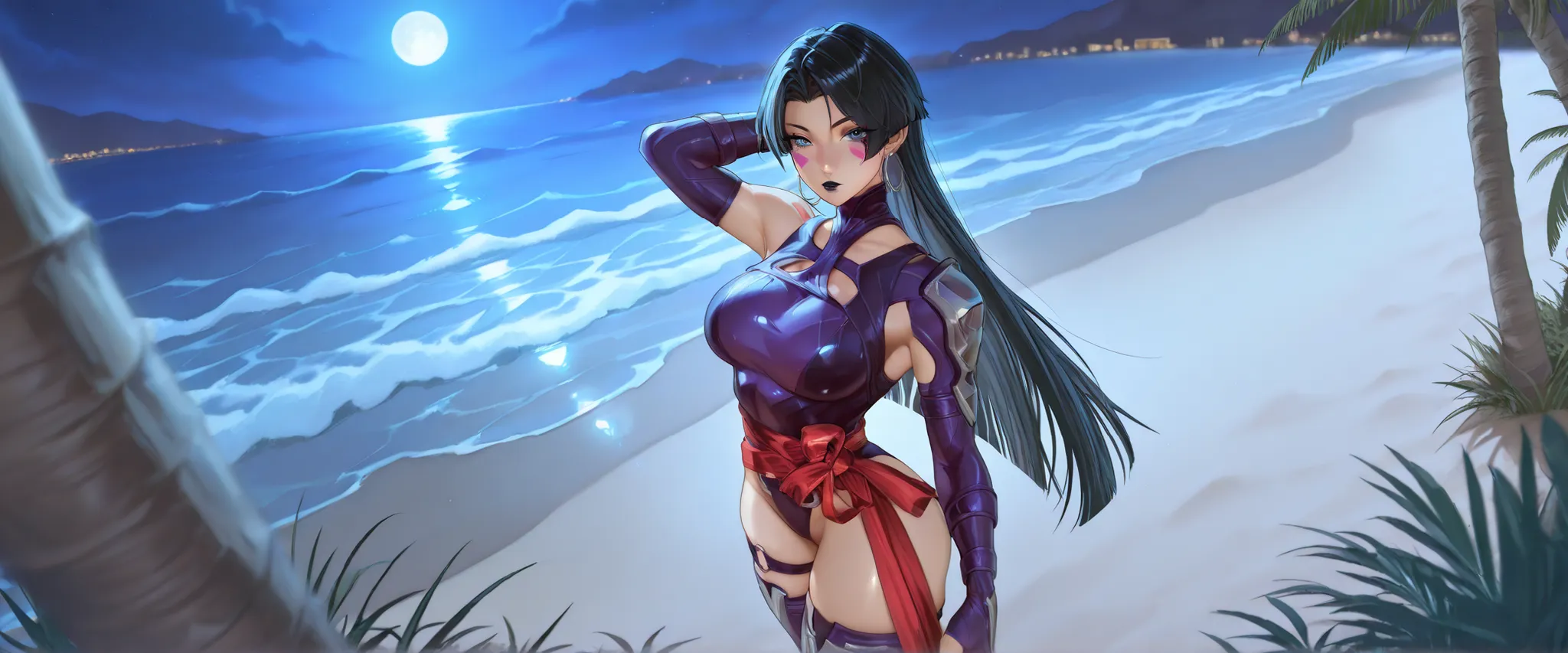  masterpiece,  best quality, newest, 1 ,  looking at the viewer, tiro de cowboy, long hair, ,  shiny eyes, ,   big breasts, lips, relaxing, psyl0cke, blue eyes, purple face mark, black hair, black lipstick blue hair, very long hair, large Chest, belly butt...