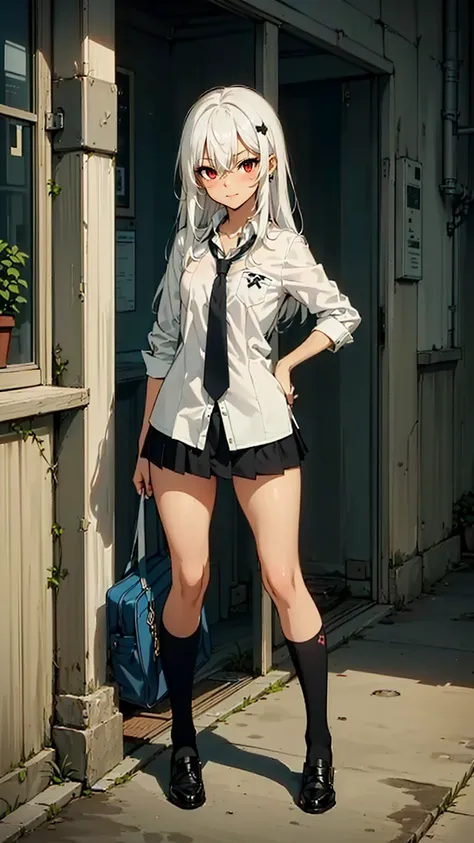 ((1girl, woman, alone, (ninnym, red eyes, white hair, hair ornament, small breasts, small bust), by the wide, Physical aptitude)), ((alone, (1woman, smug, solo), extremely detailed, soft ambient lighting, 4k, perfect eyes, a perfect face, perfect lighting, 1girl)), ((fitness,, shapely body, athletic body, toned body)),  (((Cute High School Girl, full body, gyaru, gal schoolgirl, flat chest, white shirt, skirt, tie, school uniform, smug)))