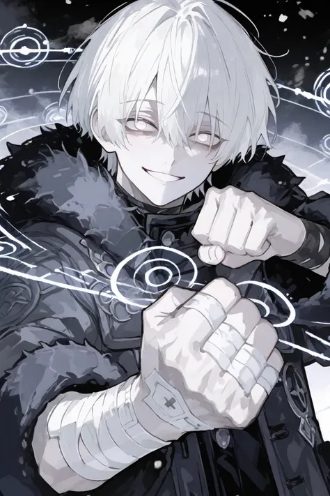 boy, Fatigued whole body, Magic circles on the left wrist, sedate, white hair, crazy white eyes, neat black winter coat, SMILE, happy, Stretched head, Bandages for both hands, mihoyo art style, boy cartoon hairstyle, A clenching fist, action pose