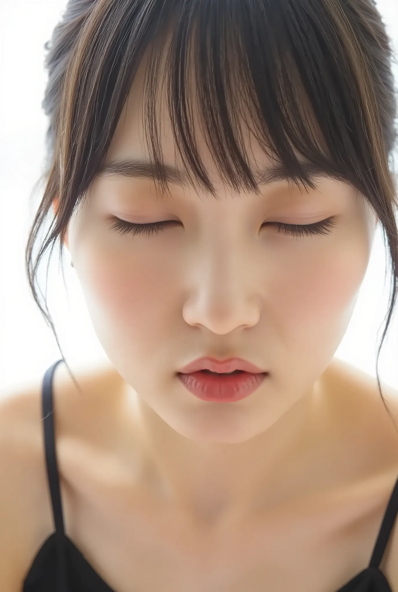 An ultra close-up of a stunning Japanese woman with glossy, puckered lips glowing with highlights, softly parted for a kiss. Her eyes half-closed in a dreamy, loving upward gaze, face tilted slightly downward, chin softly tucked in, making direct eye conta...