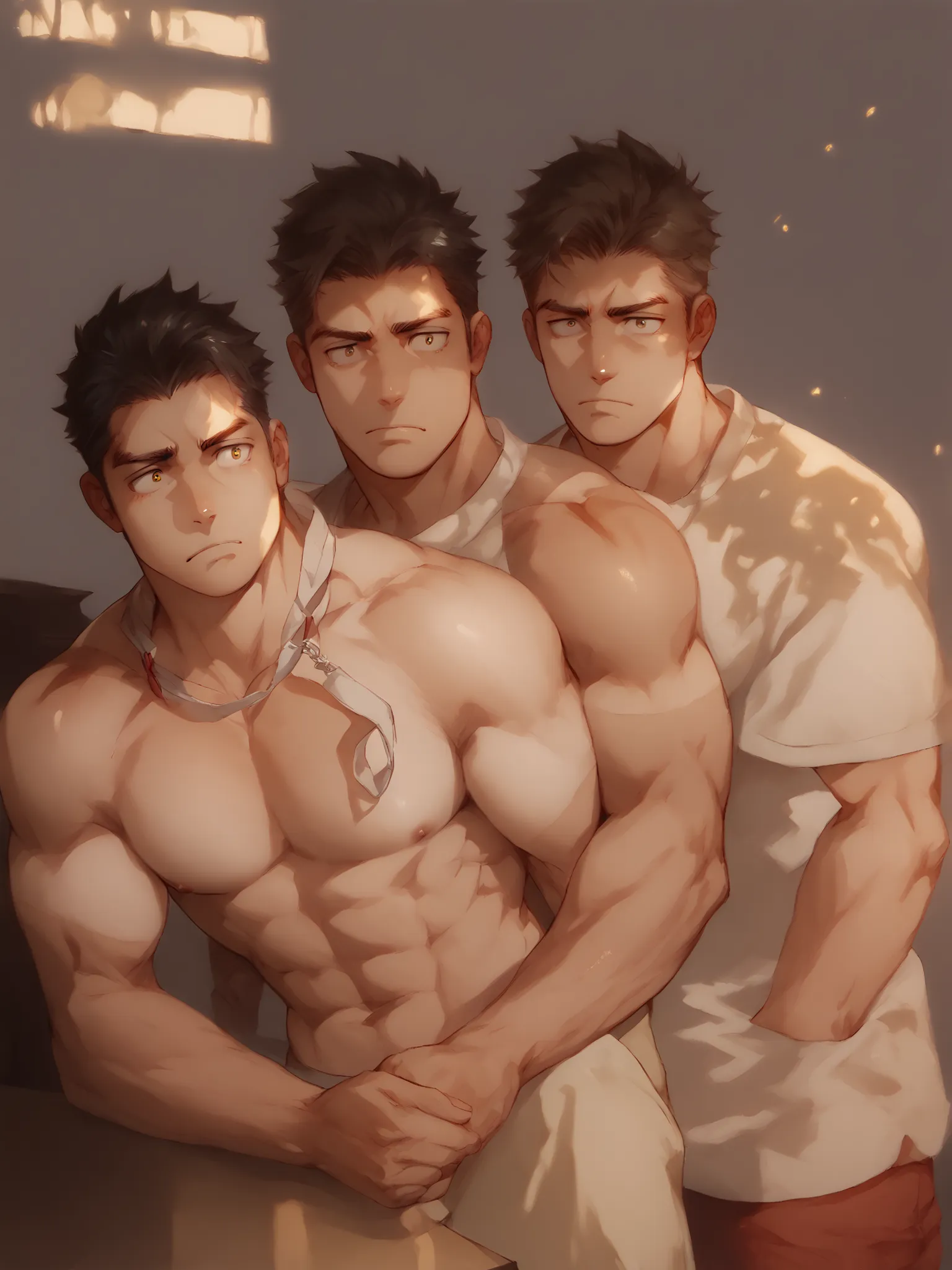bara, male focus, muscular male, confused expression, tanned, huge ass, bending down, bending under desk,Thongs， sunlight, pouting BREAK ，score_9, score_8_up, score_7_up, score_6_up, score_5_up, score_4_up
