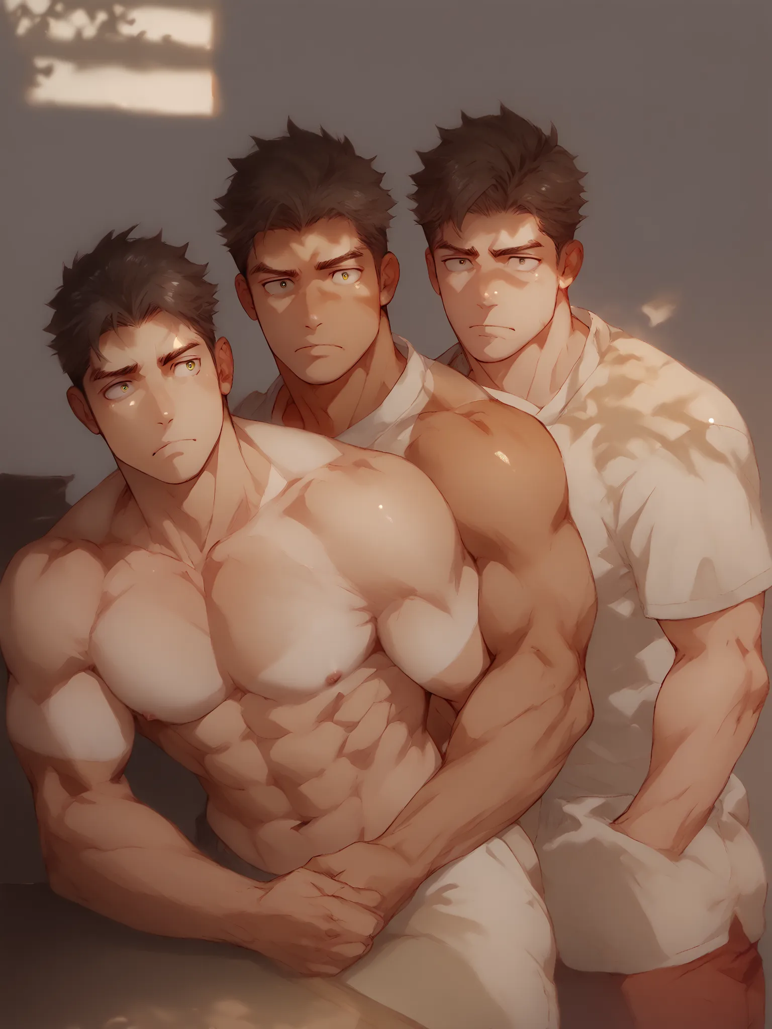 bara, male focus, muscular male, confused expression, tanned, huge ass, bending down, bending under desk,Thongs， sunlight, pouting BREAK ，score_9, score_8_up, score_7_up, score_6_up, score_5_up, score_4_up
