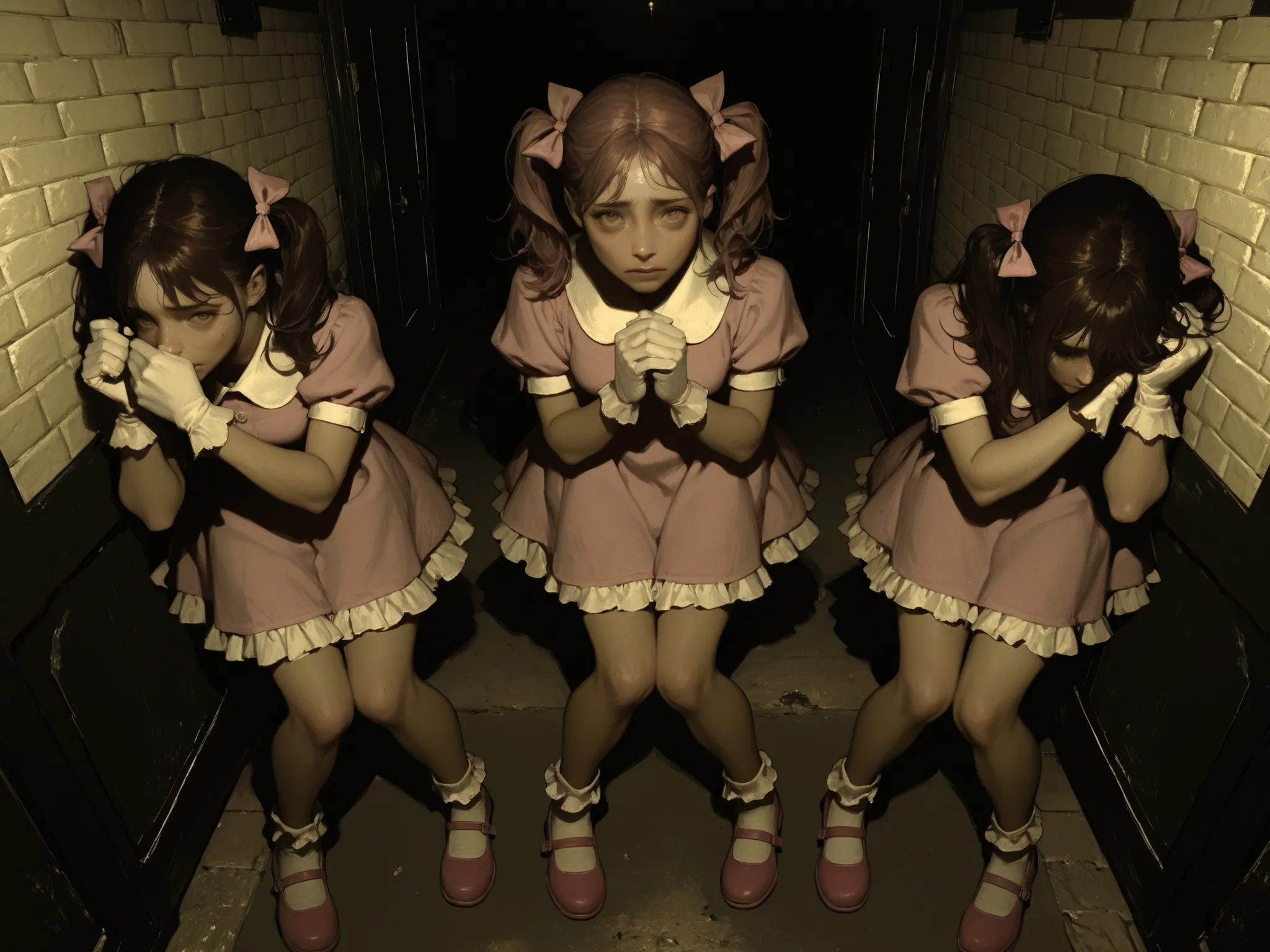 masterpiece, very awa, best quality, amazing quality, very aesthetic, absurdres, newest, intricate details, realistic, horror, ((dark theme)), indoors, flourescent light, hallway, liminal space, brick_wall, painted bricks, double_doors, from above, (3girls...