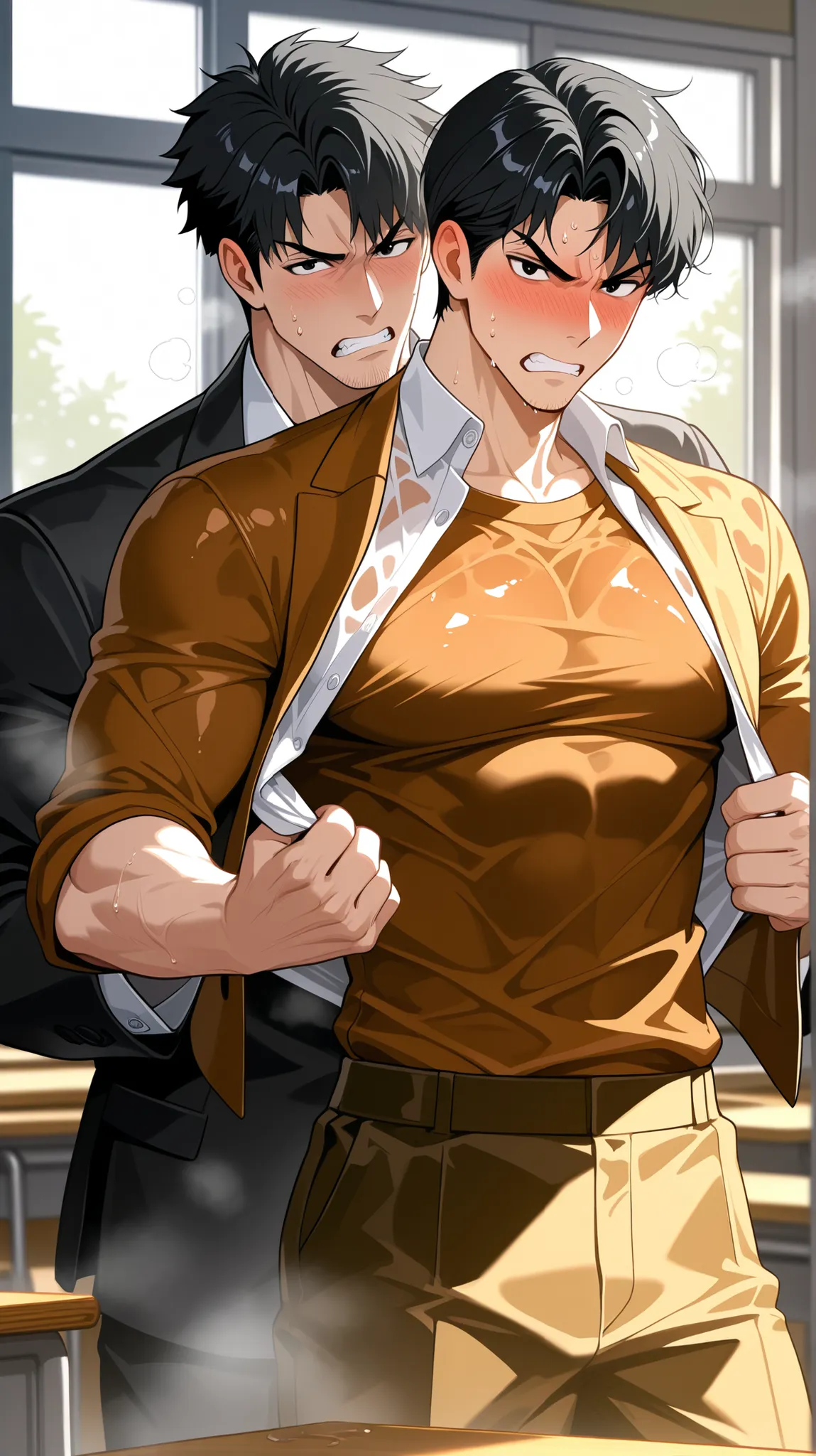 Handsome male, muscular male, tall male, black eyes, black hair, mature male, white skin, teacher suit, angry, teeth, blush, sweat, steaming body, classroom, solo, short hair, stubble, wet shirt, looking at viewer, black pants,