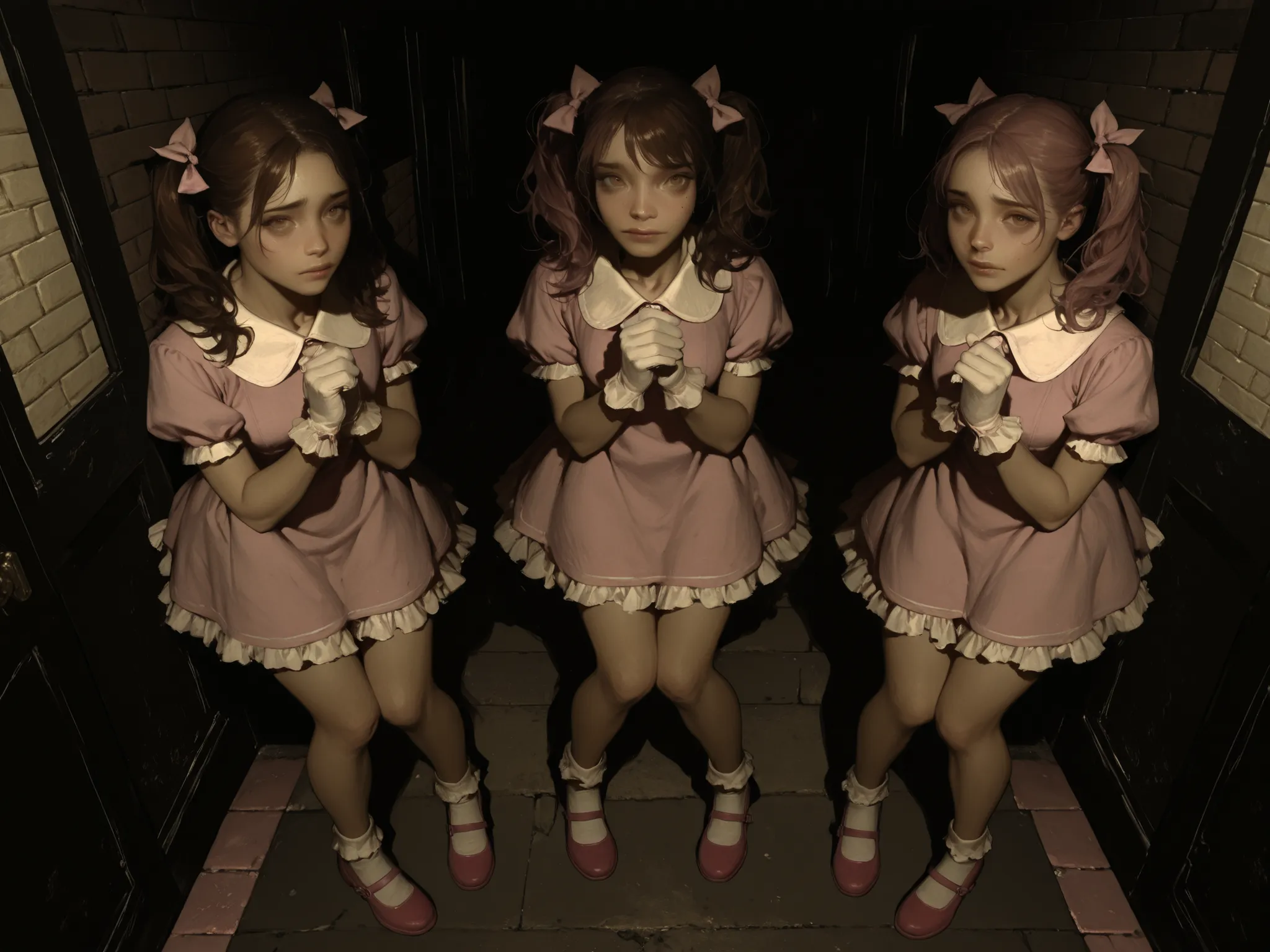 masterpiece, very awa, best quality, amazing quality, very aesthetic, absurdres, newest, intricate details, realistic, horror, ((dark theme)), indoors, flourescent light, hallway, liminal space, brick_wall, painted bricks, double_doors, from above, (3girls...