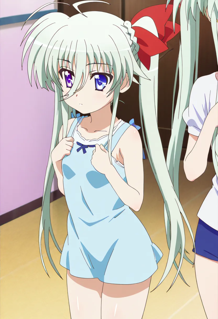 anime coloring, official art,high definition,amazing quality,best quality,very aesthetic,masterpiece,absurdres, Einhard Stratos, aged down, green hair, hair between the eyes, hair ornament, long hair, ahoge, small breasts, thighs, red ribbon, blue eyes, purple eyes, heterochromia, twintails,