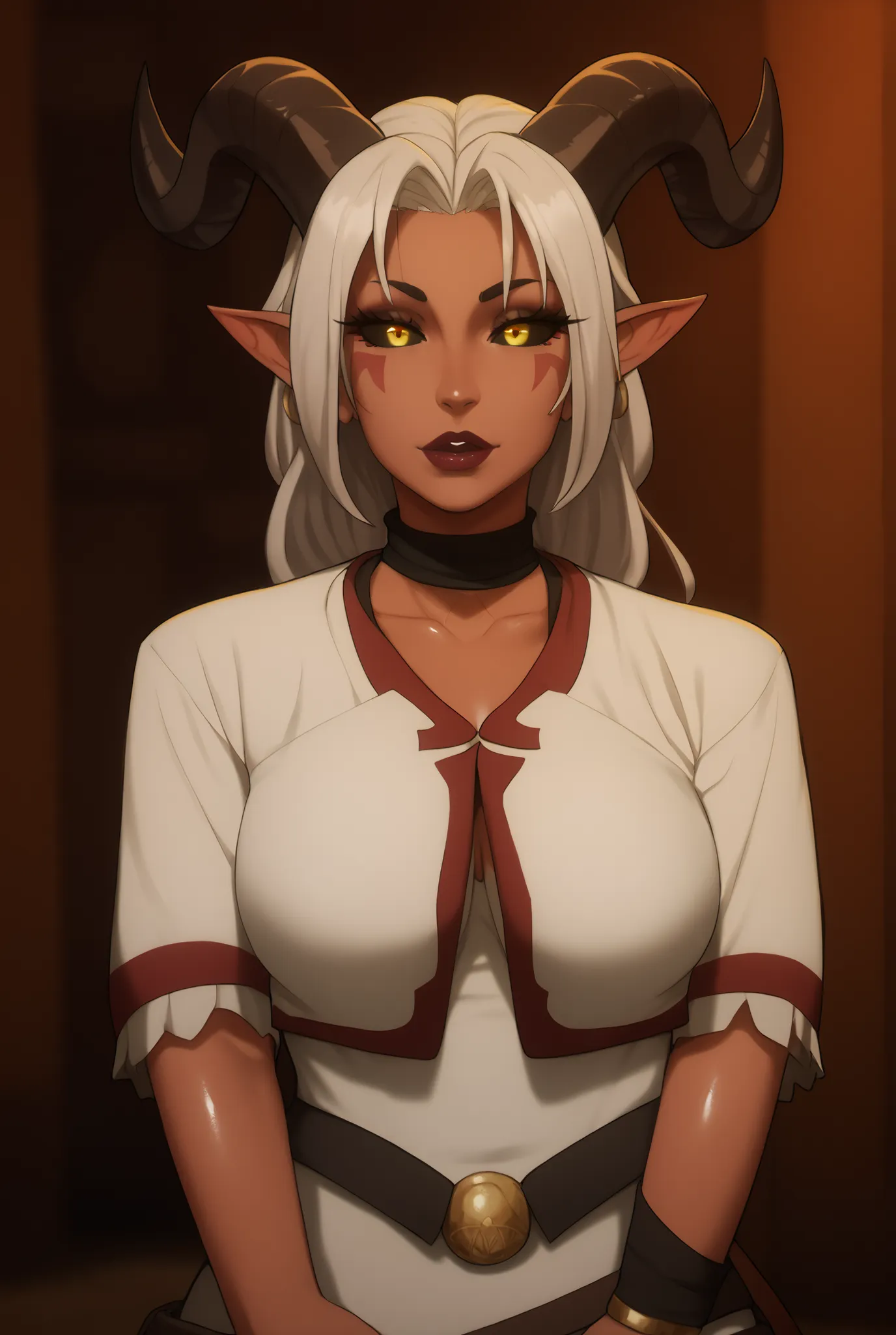 Solo, female, ((tiefling horns, dark olive skin)), medium breasts, standing, ((fantasy village background)), (lipstick, eyeliner, eyelashes, mature female), cleric, ((long shaggy white hair)), shiny skin, ((front view)), (white tribal face markings), (blac...