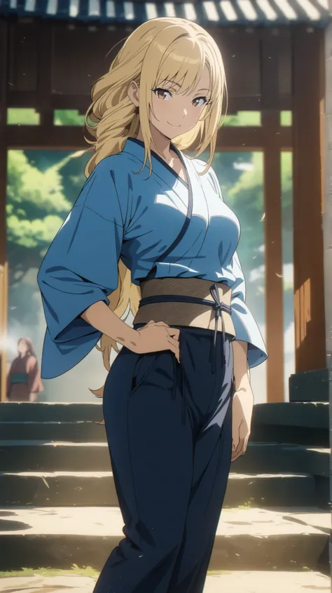 (masterpiece, best quality, anime style, ultra-detailed, 8k, full-body vertical shot of a mature woman with long yellow-blonde hair and brown eyes, Edel standing in a relaxed and confident pose, arms crossed, soft mischievous smile, wearing a short blue sh...