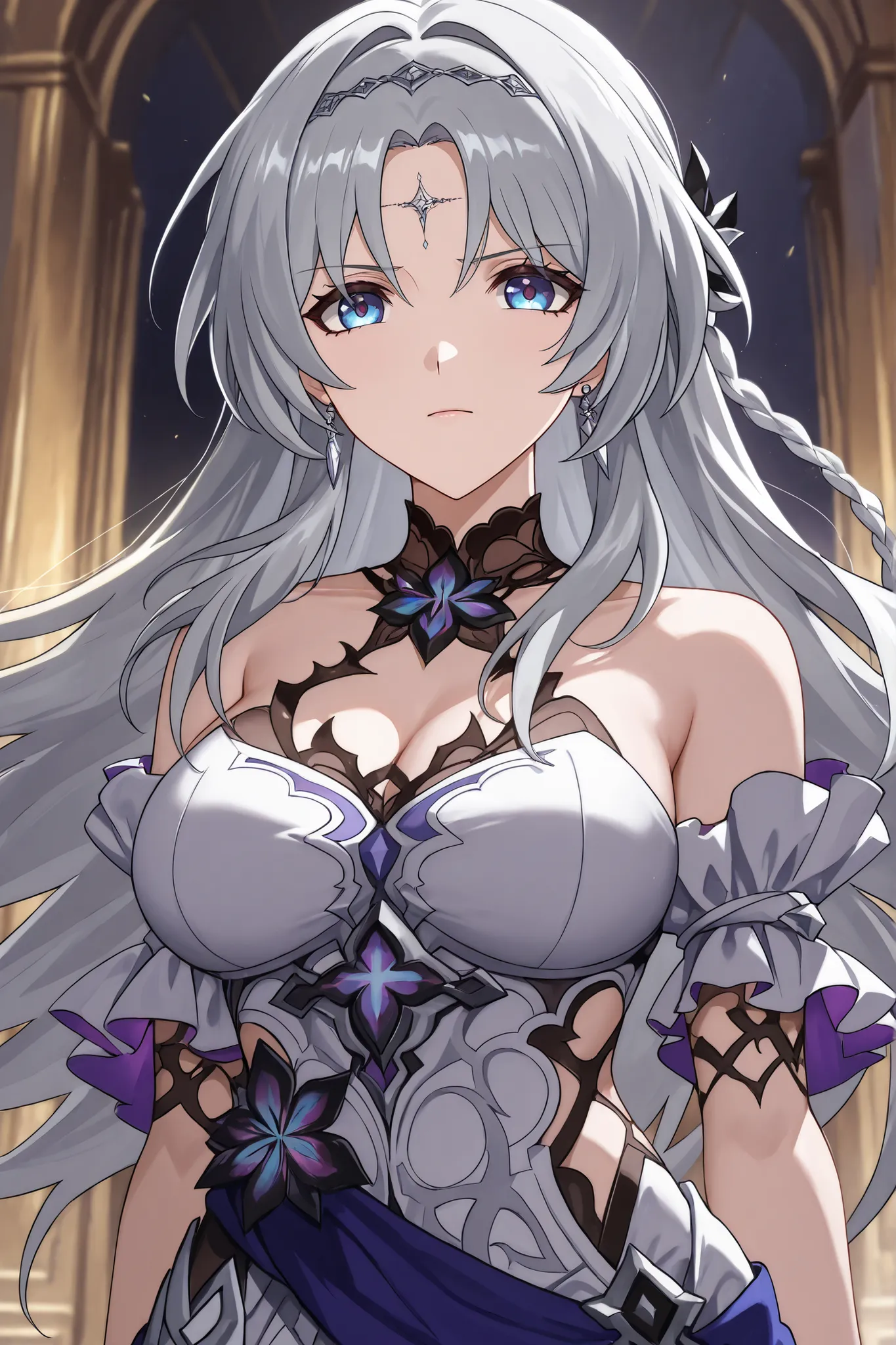 Garota, long gray hair, olhos verde, detailed luxury dress, confident expression, arco celestial, inspired by Honkai Star Rail 