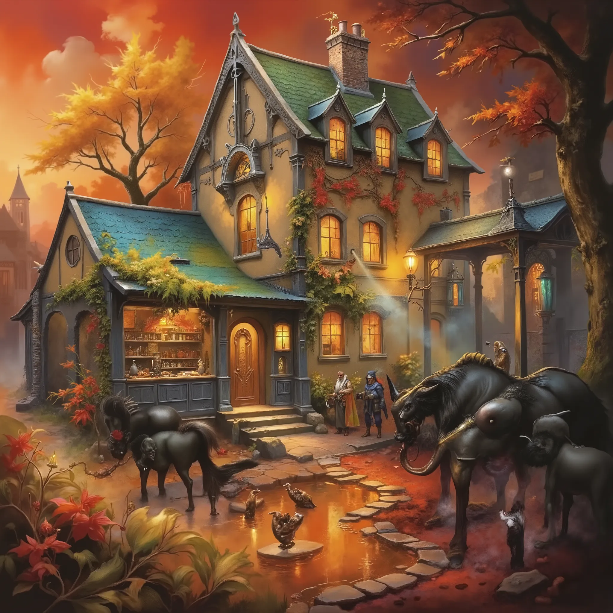 a painting of a house with a pond in front of it, detailed painting 4 k, beautiful art uhd 4 k, a multidimensional cozy tavern, 4k highly detailed digital art, fantasy tavern background, fantasy painting hd, 4k detailed digital art, 8k high quality detaile...