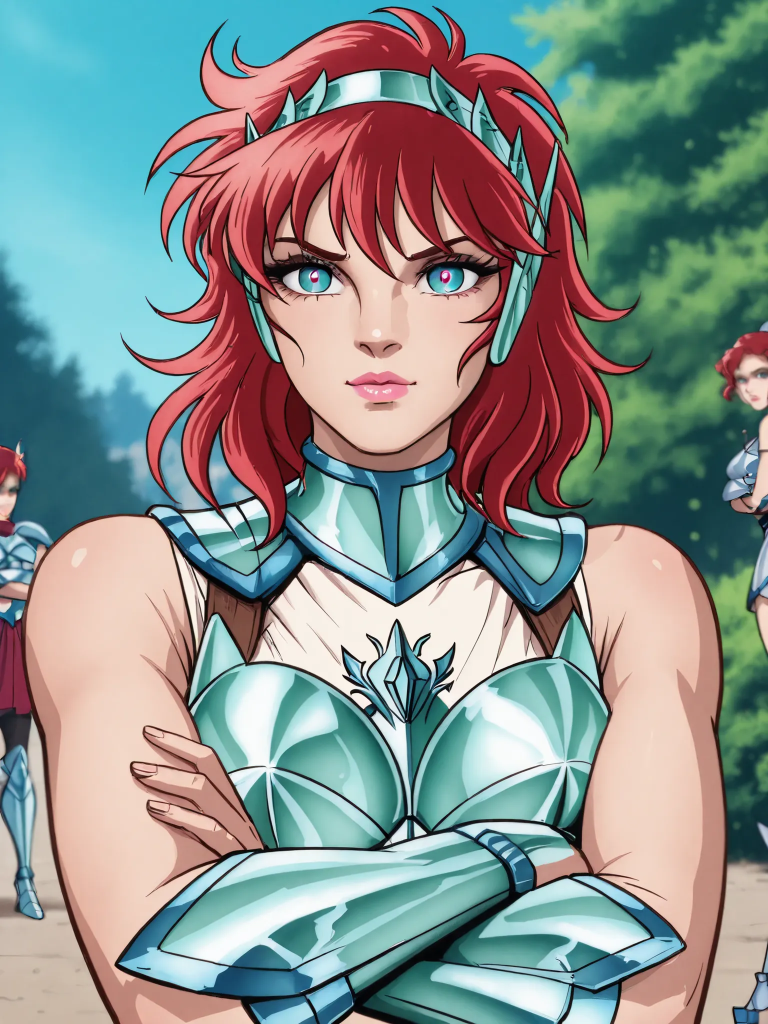 depth of field,sozinho,A wheatfield woman ,outside, Red hair, armadura Equuleus, armadura prateada 
, pink lips,colored eyes—green, sorriso safado, arms crossed, pose de luta, labios fechados,