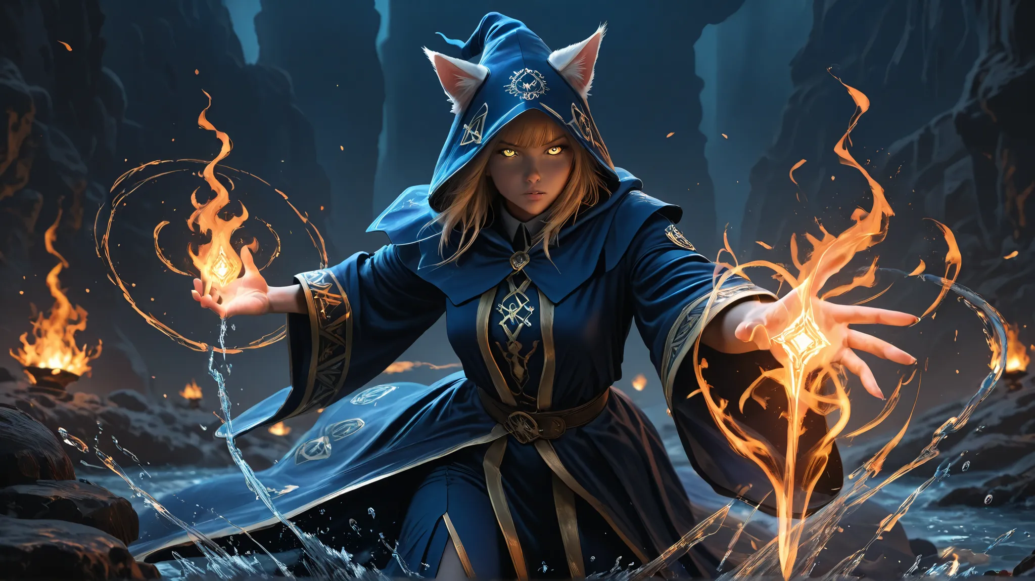 a magical anthropomorphic cat in a flowing deep blue mage robe with glowing runes, fiery golden eyes, performing a water and fire spell, dynamic action pose, swirling energy, arcane symbols, fantasy setting, sharp lighting, vibrant colors, digital painting...