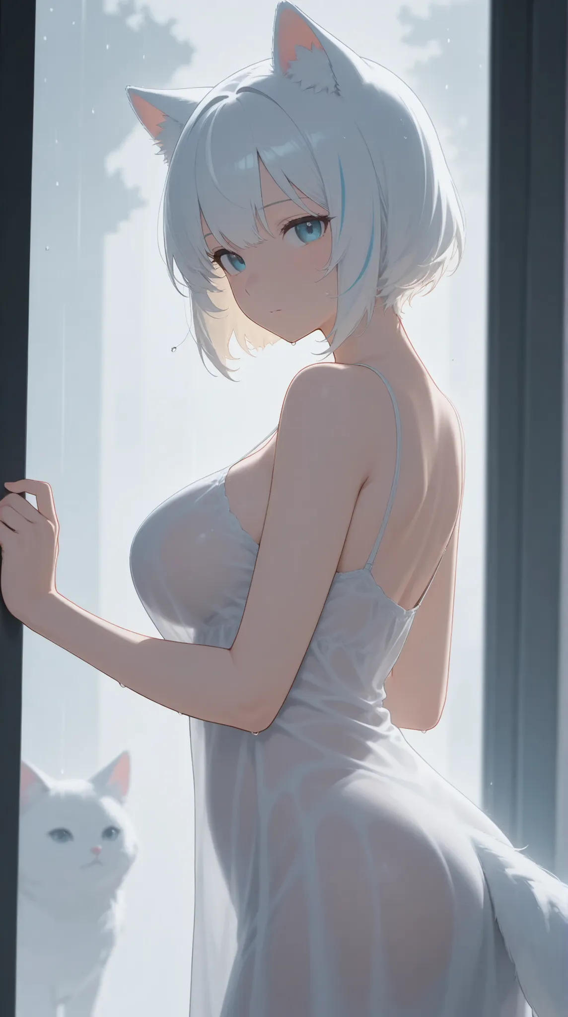 masterpiece, best quality, anime style, interior view from behind a cat-eared girl standing at a rain-covered window, her back facing the viewer, wearing a soft semi-transparent negligee, her silhouette showing a slender figure with very large saggy breast...