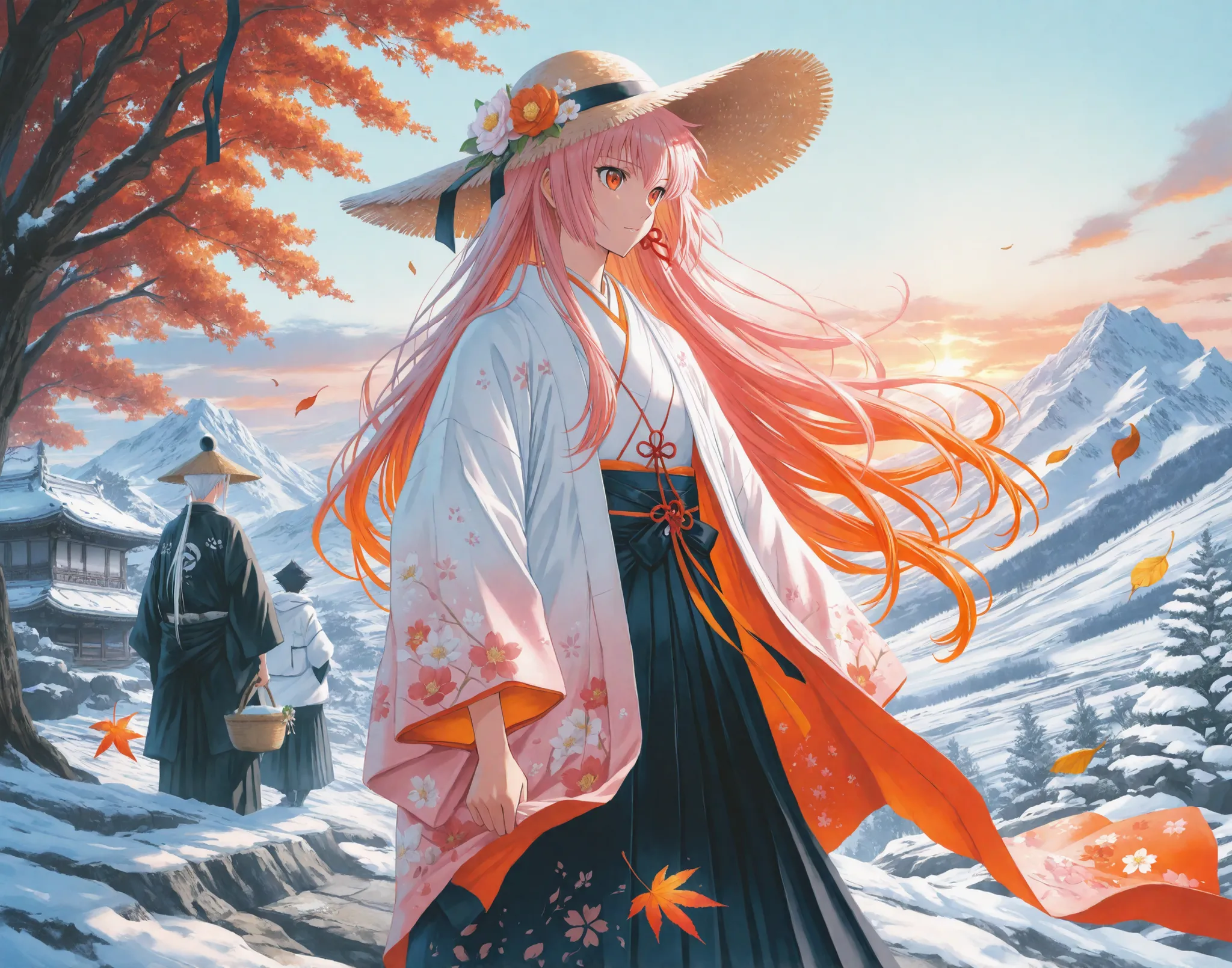 anime style calendar cover for 2025, featuring four beautiful anime characters representing the seasons: spring with flowers and pink hair, summer with a straw hat and clear sky, autumn with falling leaves and orange tones, winter with snow and white hair,...