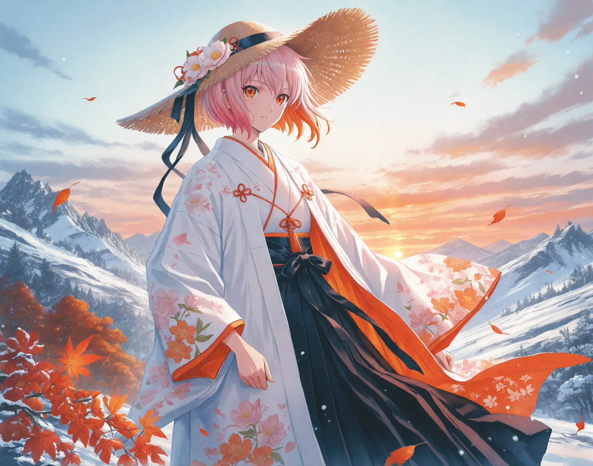 anime style calendar cover for 2025, featuring four beautiful anime characters representing the seasons: spring with flowers and pink hair, summer with a straw hat and clear sky, autumn with falling leaves and orange tones, winter with snow and white hair,...