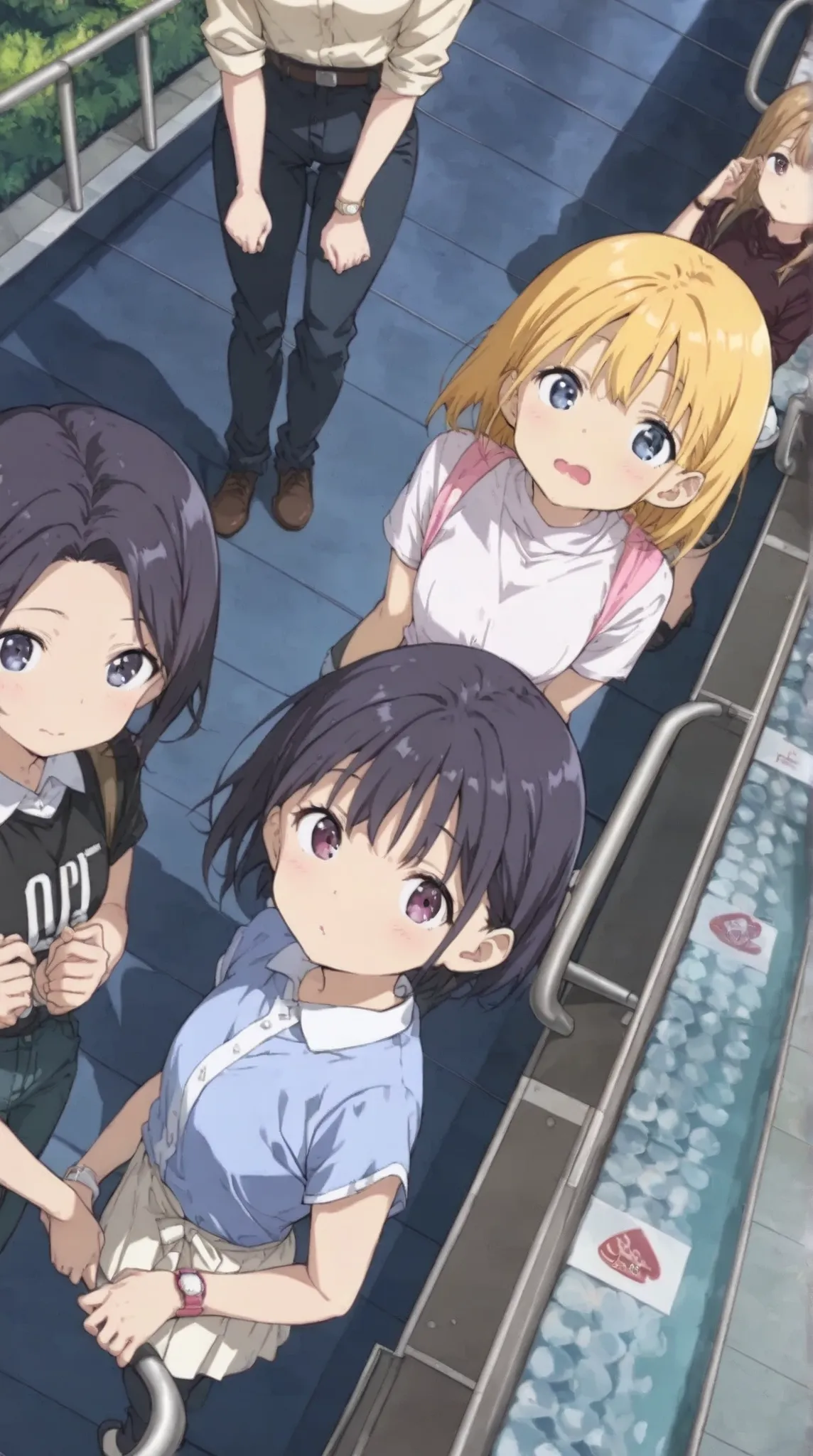 score_9, score_8_up, score_7_up, ((anime style)),high definition,(BEAUTIFUL GIRLS:1.3),multiple,((3 girls))full body,from directly above,Three people lined up vertically,from above,(((watch viewers))),((Wide angle:1.4))with clothes