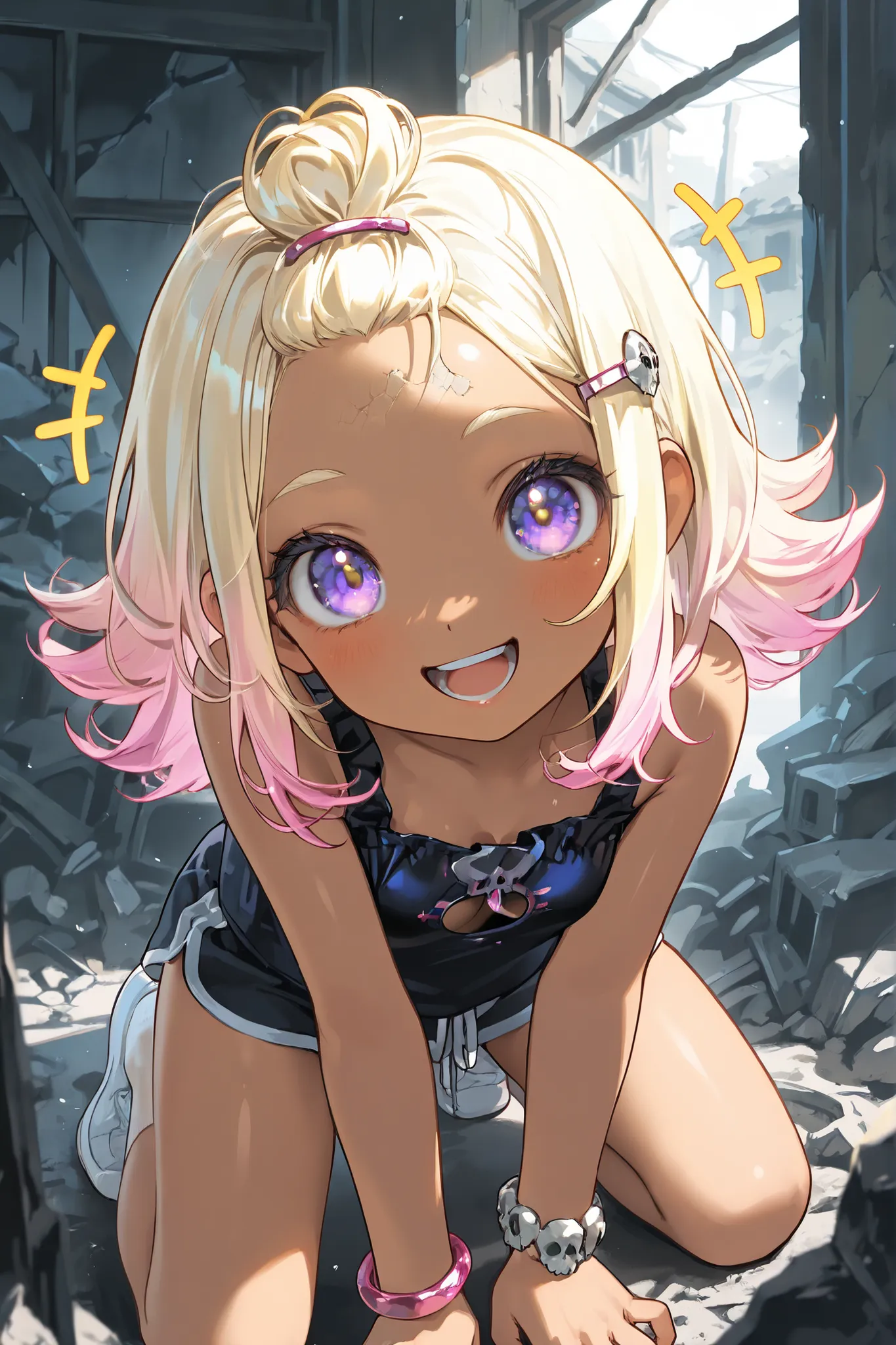 ((Masterpiece)), ((best quality, very aesthetic, absurdres, newest)), (wide shot), (8K), (cinematic lighting), ((1girl)), (cute young girl), (Healthy body, Textured skin, small breast, tilt head), ((brown-skin)), Glossy straight hair, (bangs pinned back, ...