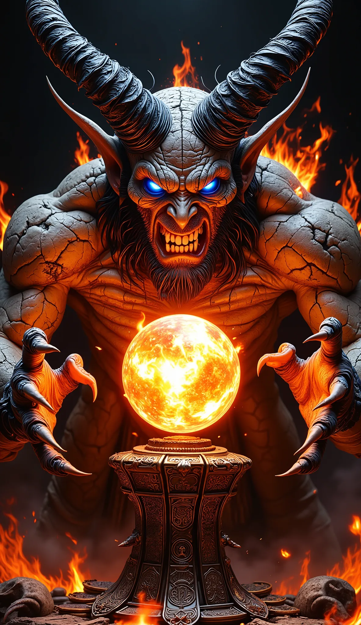 A hyper-realistic, high detail image of a demonic overlord in a dark infernal chamber, captured from a centered, slightly low-angle perspective. The demon has glowing blue eyes, twisted black horns covered in ash texture, and sharp fangs visible as he roar...