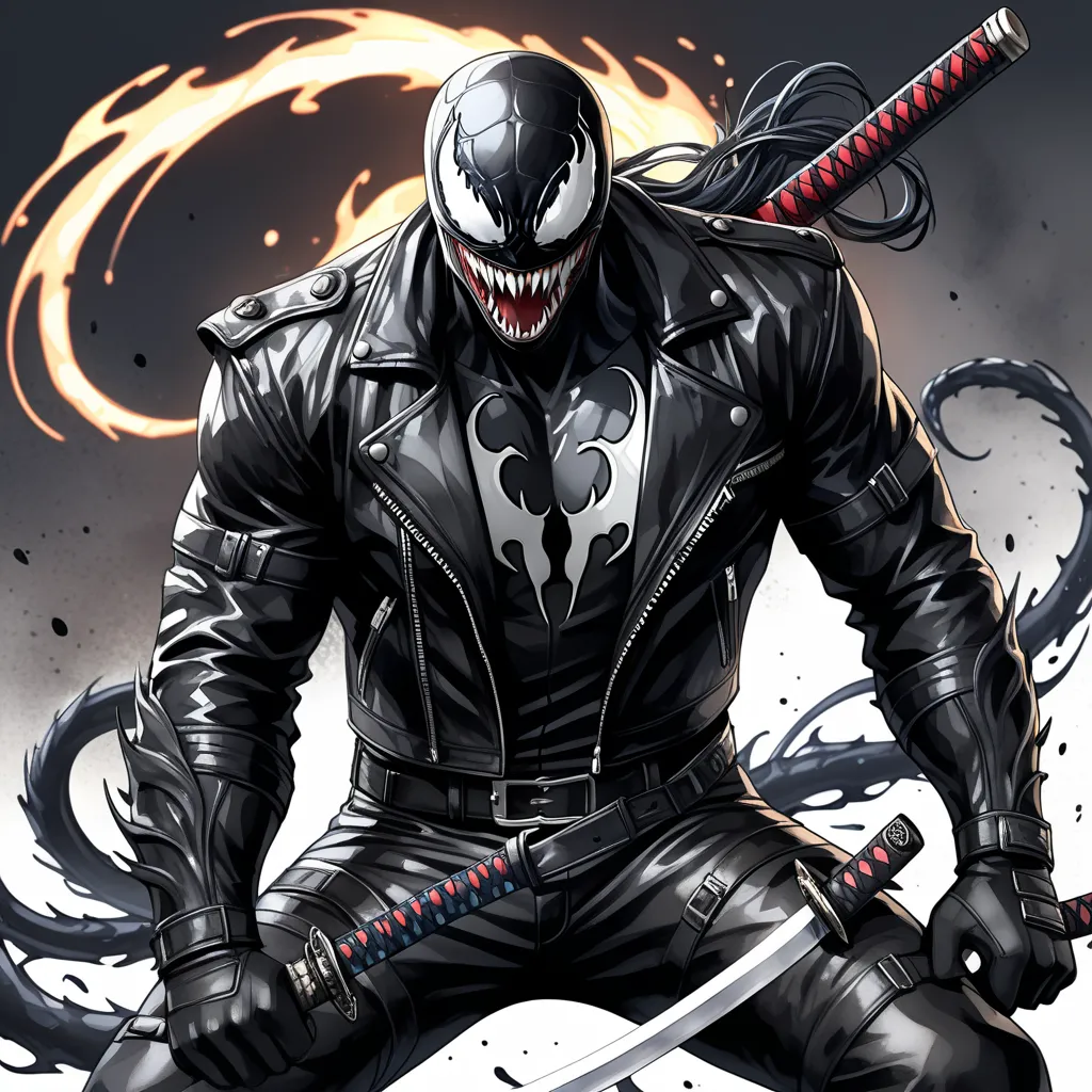 Closeup, comic book art style, Watercolor, Venom wearing an insanely cool black leather biker jacket, black shirt, black leather biker gloves, black leather biker pants, giving it a cool, edgy appearance, katana, Masterpiece, best quality, Full HD, 8k, ultra details, great graphic. Ensure the lighting highlights the reflective surfaces of the leather jacket, creating a sleek, polished finish.