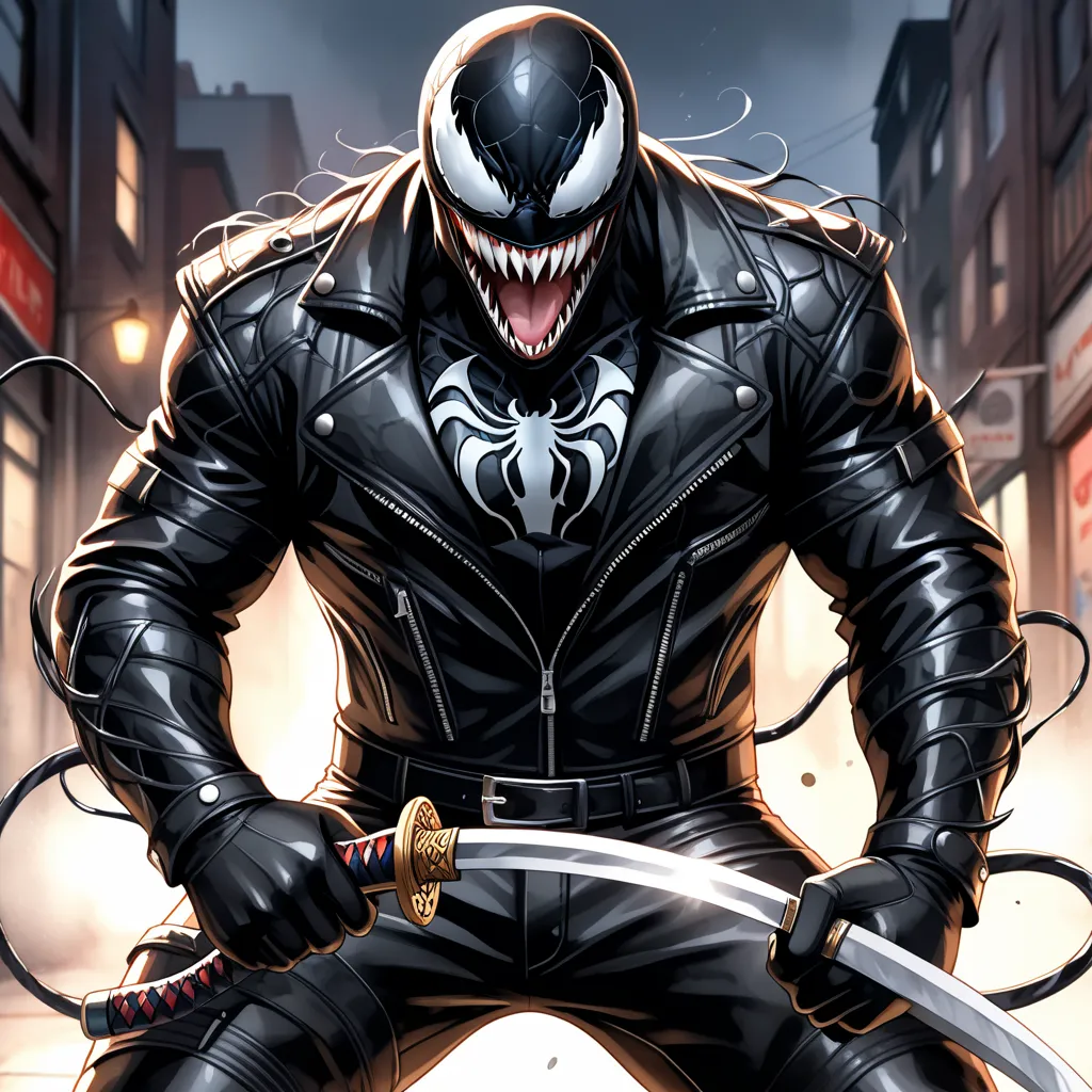 Closeup, comic book art style, Watercolor, Venom wearing an insanely cool black leather biker jacket, black shirt, black leather biker gloves, black leather biker pants, giving it a cool, edgy appearance, holding a katana, Masterpiece, best quality, Full HD, 8k, ultra details, great graphic. Ensure the lighting highlights the reflective surfaces of the leather jacket, creating a sleek, polished finish.