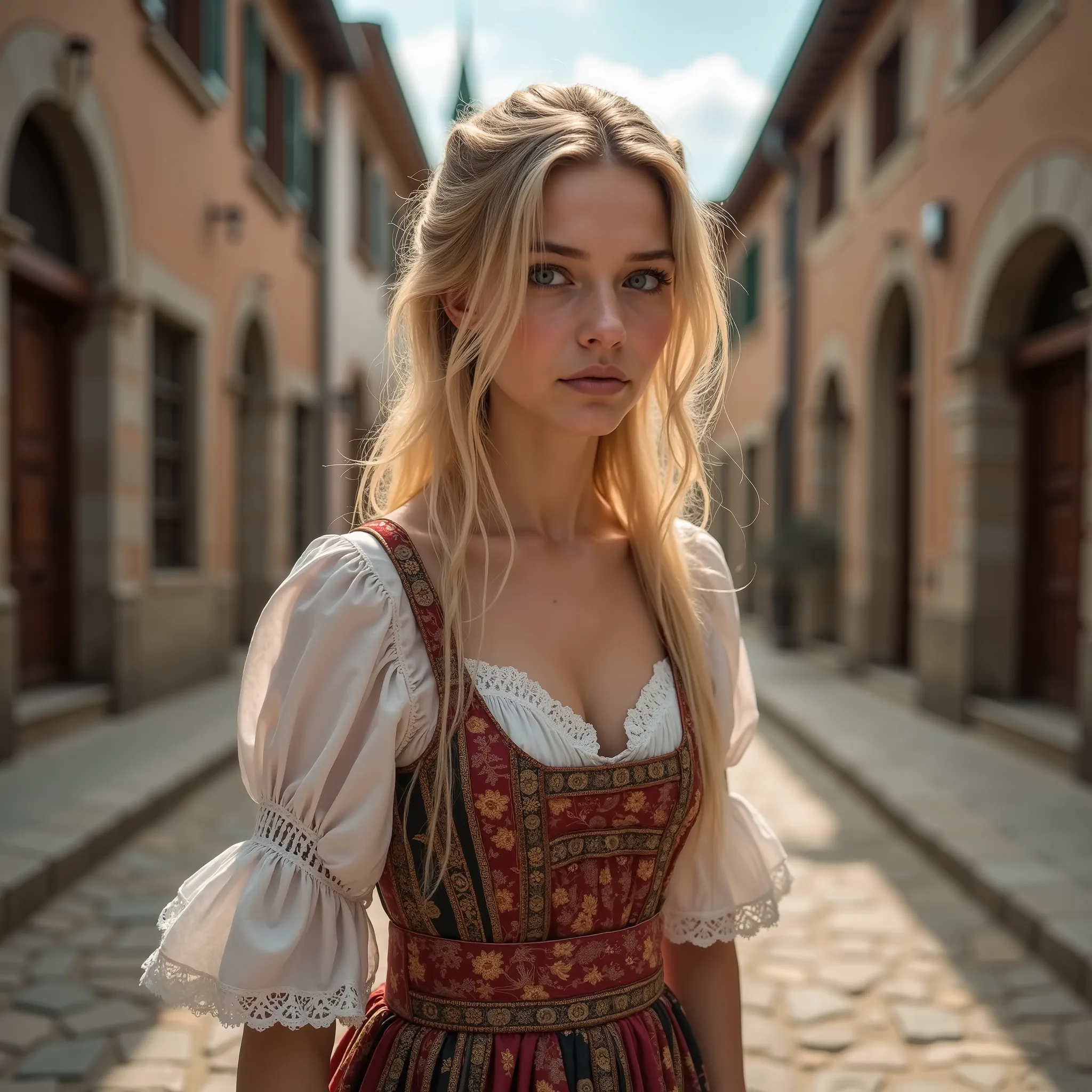 best quality, masterpiece, realistic photo, intricate details, RAW photo, Ultra-detailed, old fashioned Young woman, in a big peasant dress, big cutouts, blond hair, perfect details and blue eyes, a walk through the old town , Kachestvo HD, 8 k, Young wom...