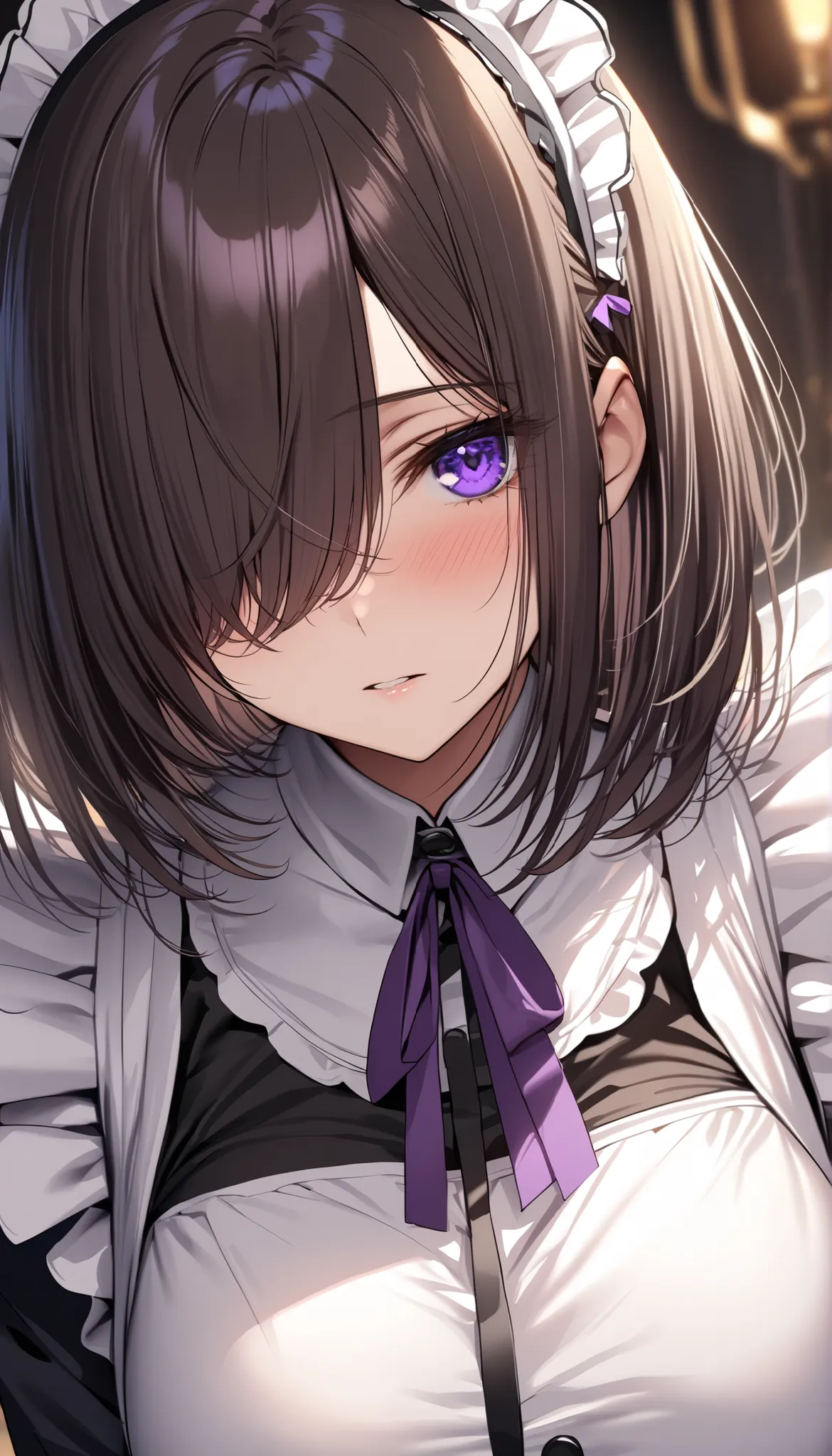 (masterpiece, Highest quality:1.2), (1girl), alone, ((medium hair)), ((dark brown hair)), ((straight hair)) ,((hair over face)), (hair over one eye), (hair over right eye), bloom, ((detailed face)), (black maid dress),long sleeves, white apron ,detailed ey...