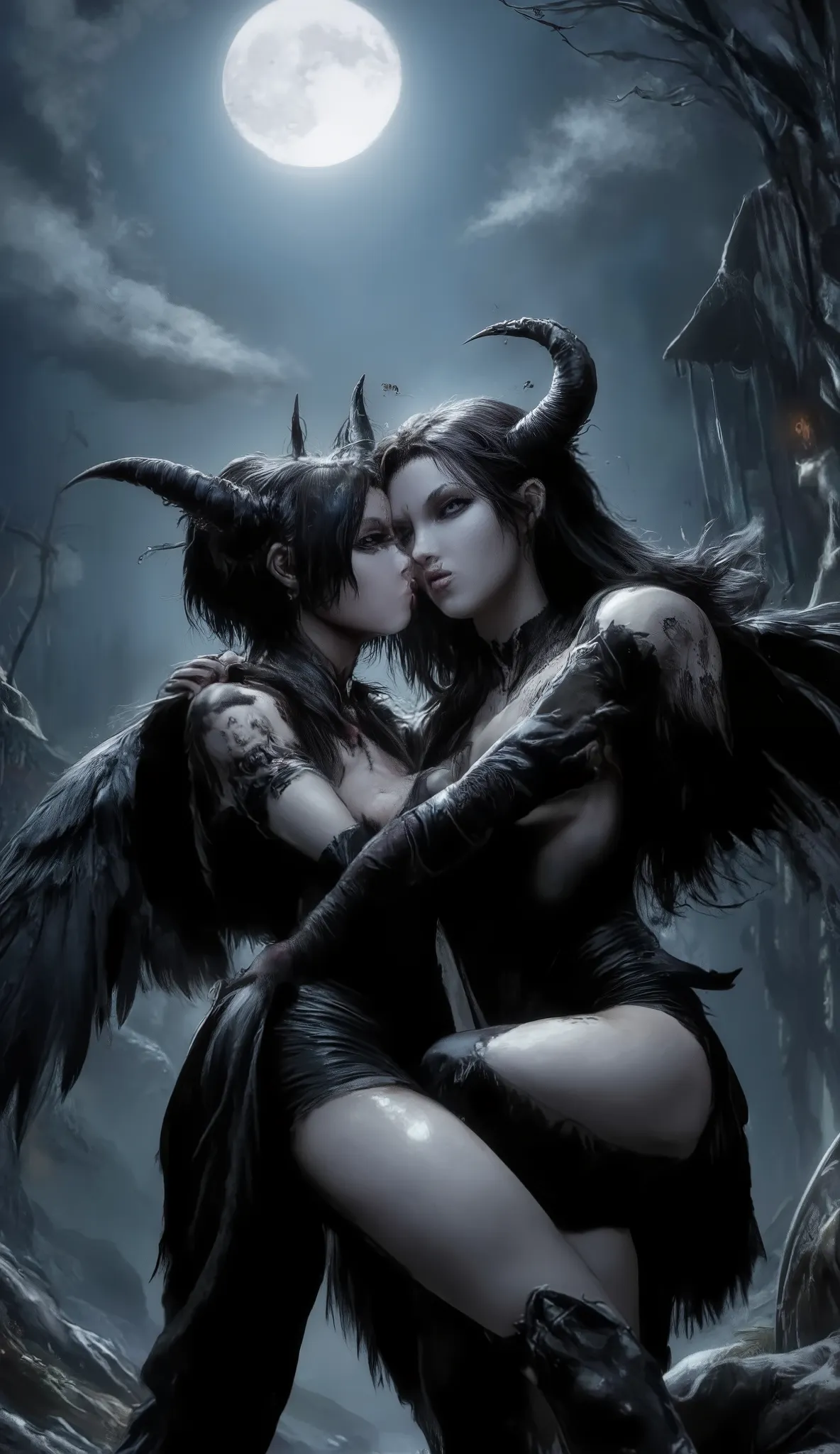 Masterpiece, ultra high quality, fine details, angel and demon, dark angel, kissing demon, full moon in the background, light from above, body from knees, focus on details, wings, devil horns,
