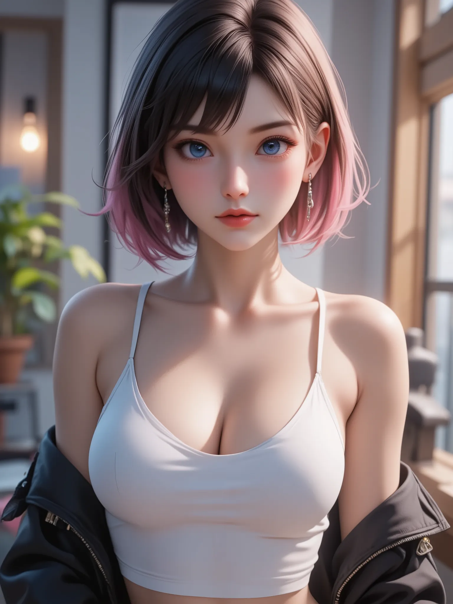 best quality, masterpiece, High resolution, portrait, actual, blue eyes, black pink short hair two tone color, sexy white camisole, jacket, cleavage, 8K resolution, high quality CG, Beautiful CG, Soft Light, fashion brand image, Fashionable and casual, The...