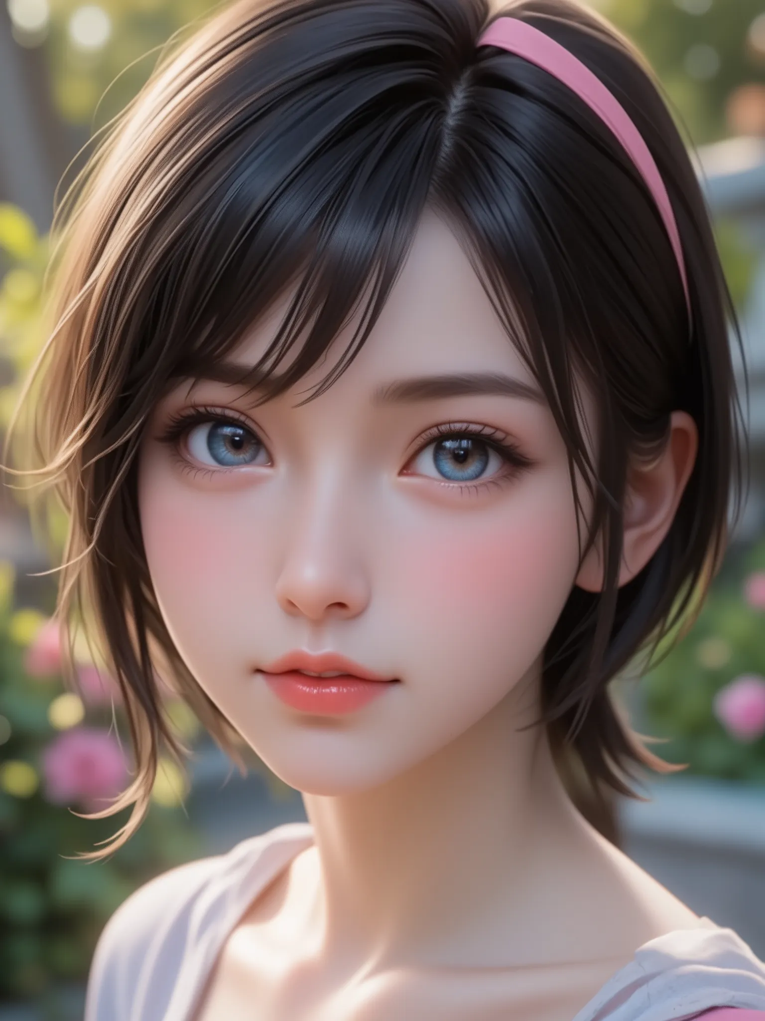 best quality, masterpiece, High resolution, portrait, actual, blue eyes, eye reflection, pink hairband, black pink short hair color tone, UHD, retina, masterpiece, accurate, anatomically correct, textured skin, super detail, high details, high quality, bes...