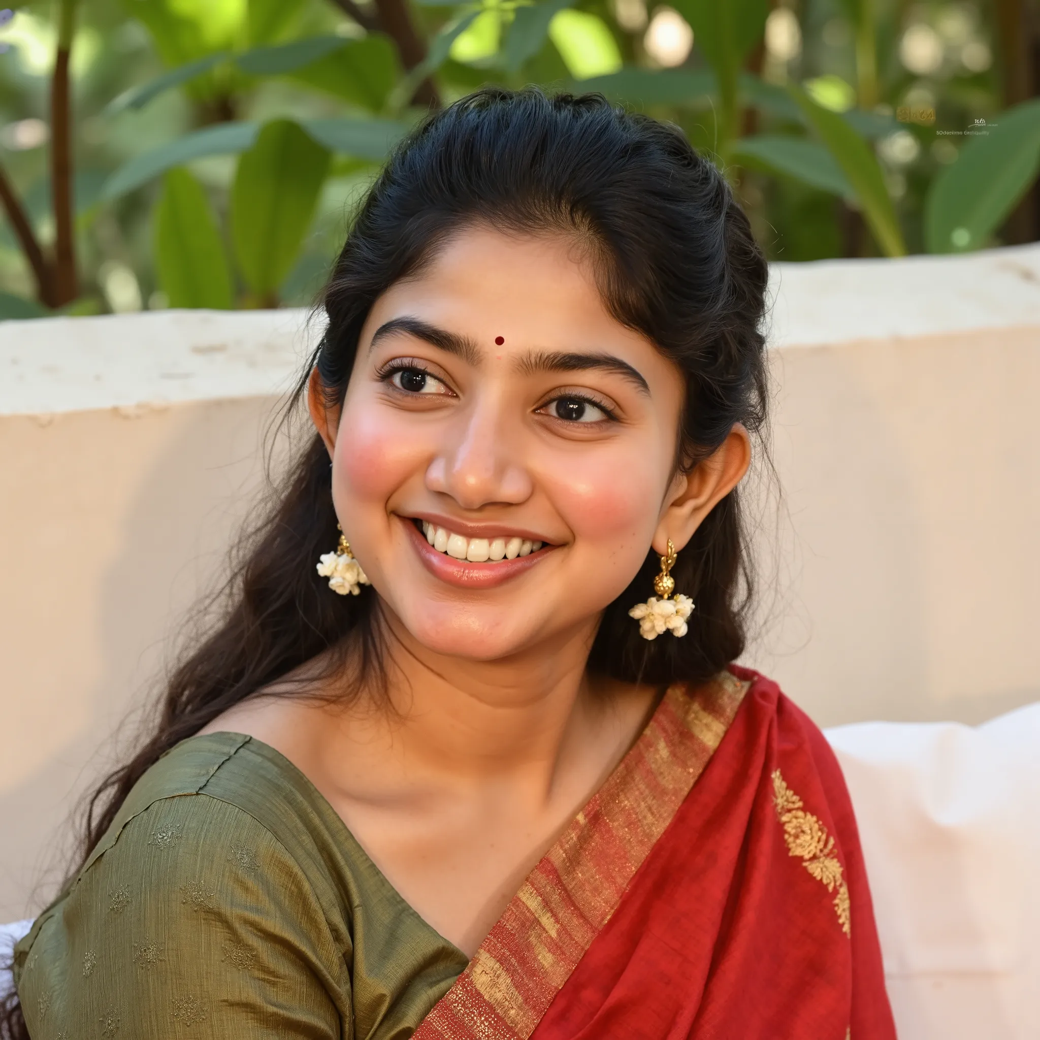 "Radiant_Tradition_PDXL_ClearFace
(masterpiece:1.21), (bestquality:1.21), 8k, ultra-detailed, high detailed, depth of field, vibrant lighting, traditional South Indian attire, wearing a colorful saree, jasmine flowers in neatly tied hair, gold necklace, so...