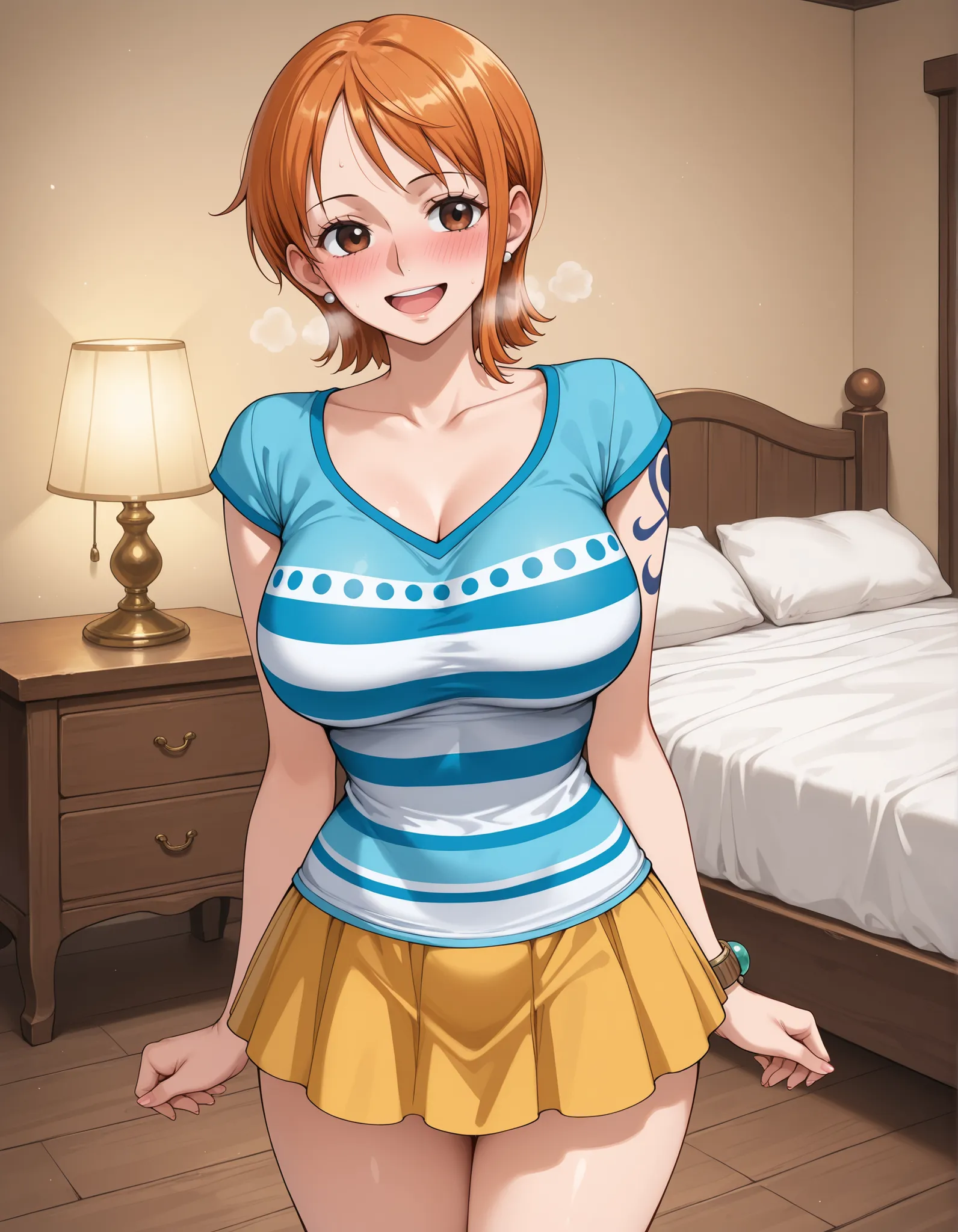 	Nami\(One piece\),
short hair, orange hair, brown eyes, shoulder tattoo, 

	Nami\(One piece\) outfit,
striped white and blue shirt, short sleeves, 
miniskirt, yellow skirt,
brown sandals, 

bedroom, white bed, wooden nightstand, lamp, 
(happy, horny, horn...
