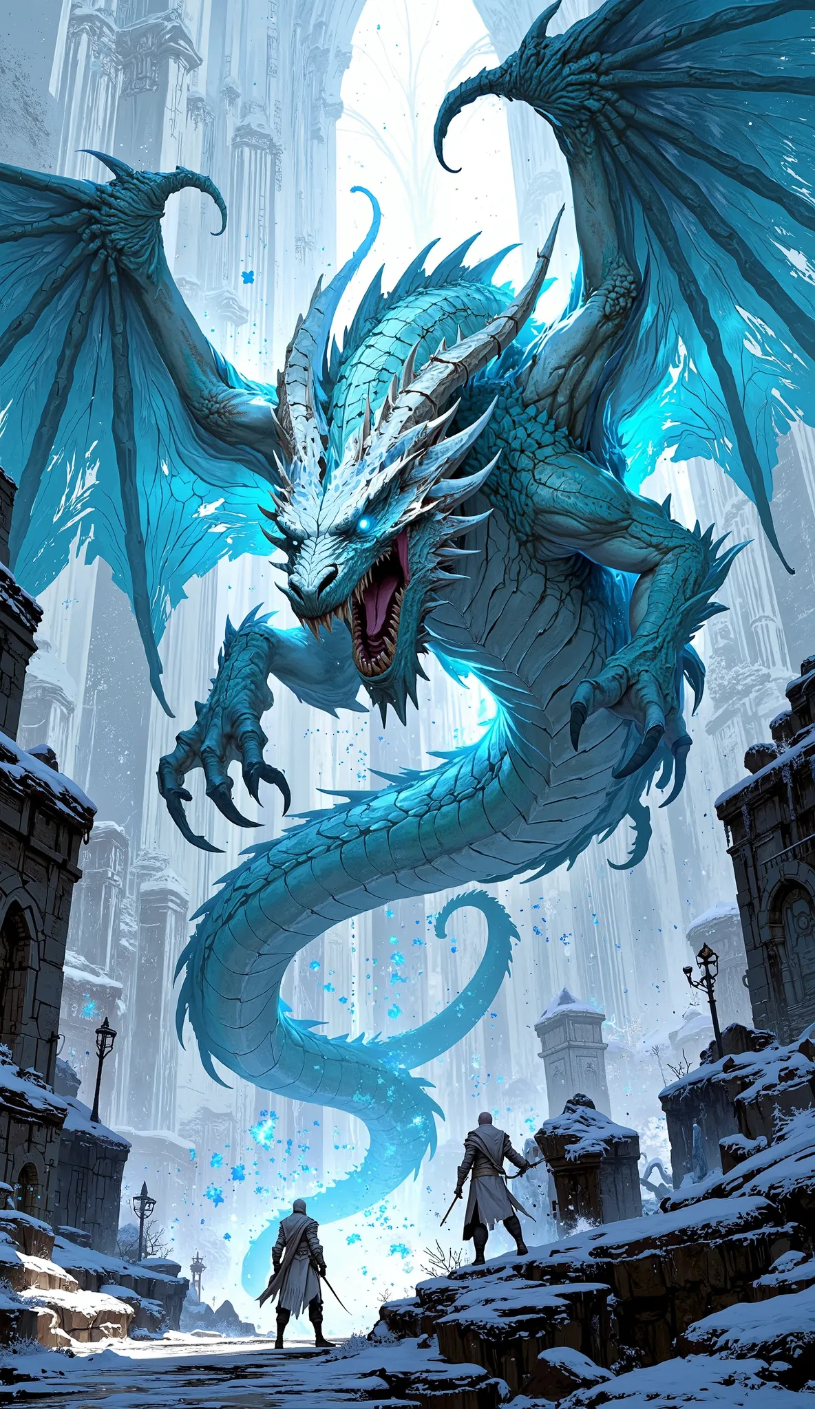 , (((dragon))),Ancient Ice Castle Ruins,The front is surrounded by frozen rocks, Drawn in the style of Unreal Engine, Features complex architecture, blue tint, High contrast between light and dark, Freeze effect, cool lights, grand scale. ((intricate detai...