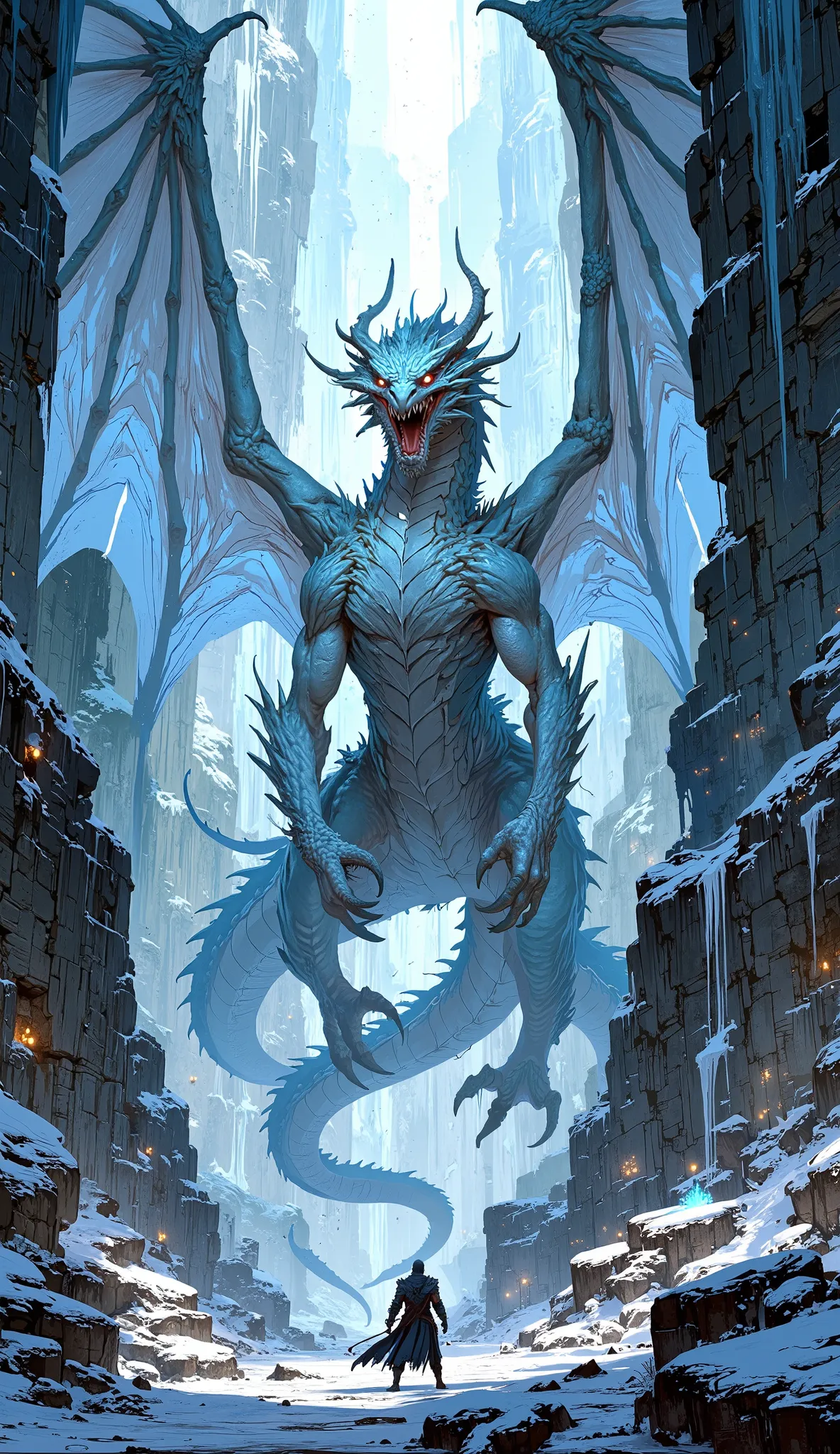 , (((dragon))),Ancient Ice Castle Ruins,The front is surrounded by frozen rocks, Drawn in the style of Unreal Engine, Features complex architecture, blue tint, High contrast between light and dark, Freeze effect, cool lights, grand scale. ((intricate detai...