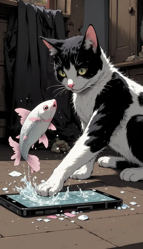 A smartphone is on the floor. A black-and-white cat is peering into the screen. On the screen of the smartphone is a video of a fish swimming in a river. (The fish jumps out of the screen with many splashes), (The cat sees this and extends one paw to the f...