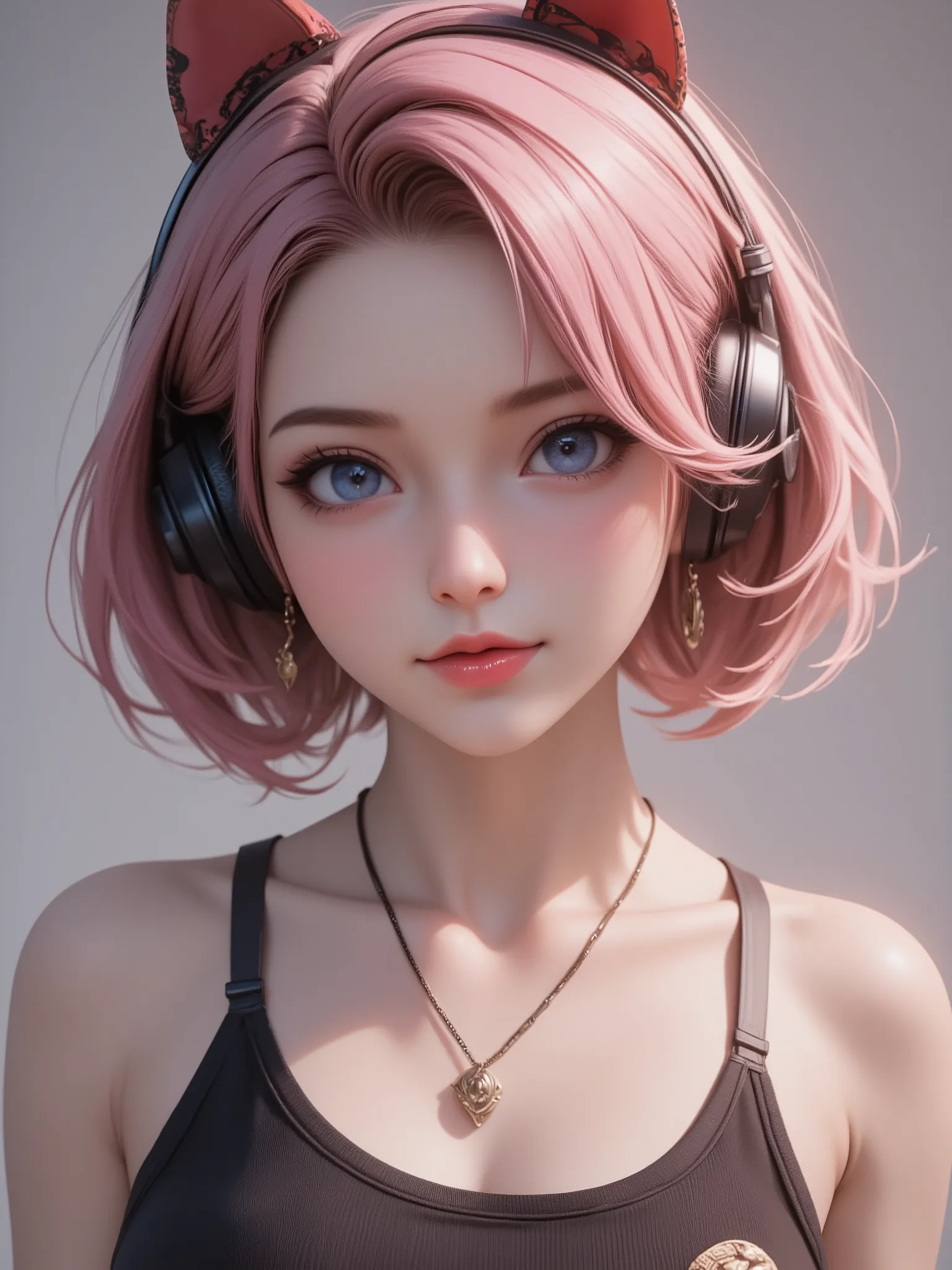 best quality, masterpiece, High resolution, portrait, actual, blue eyes, pink short hair, tank top, cleavage, 8K resolution, high quality CG, Beautiful CG, Soft Light, fashion brand image, Fashionable and casual, The Tyndall effect, lifelike, studio, Side ...