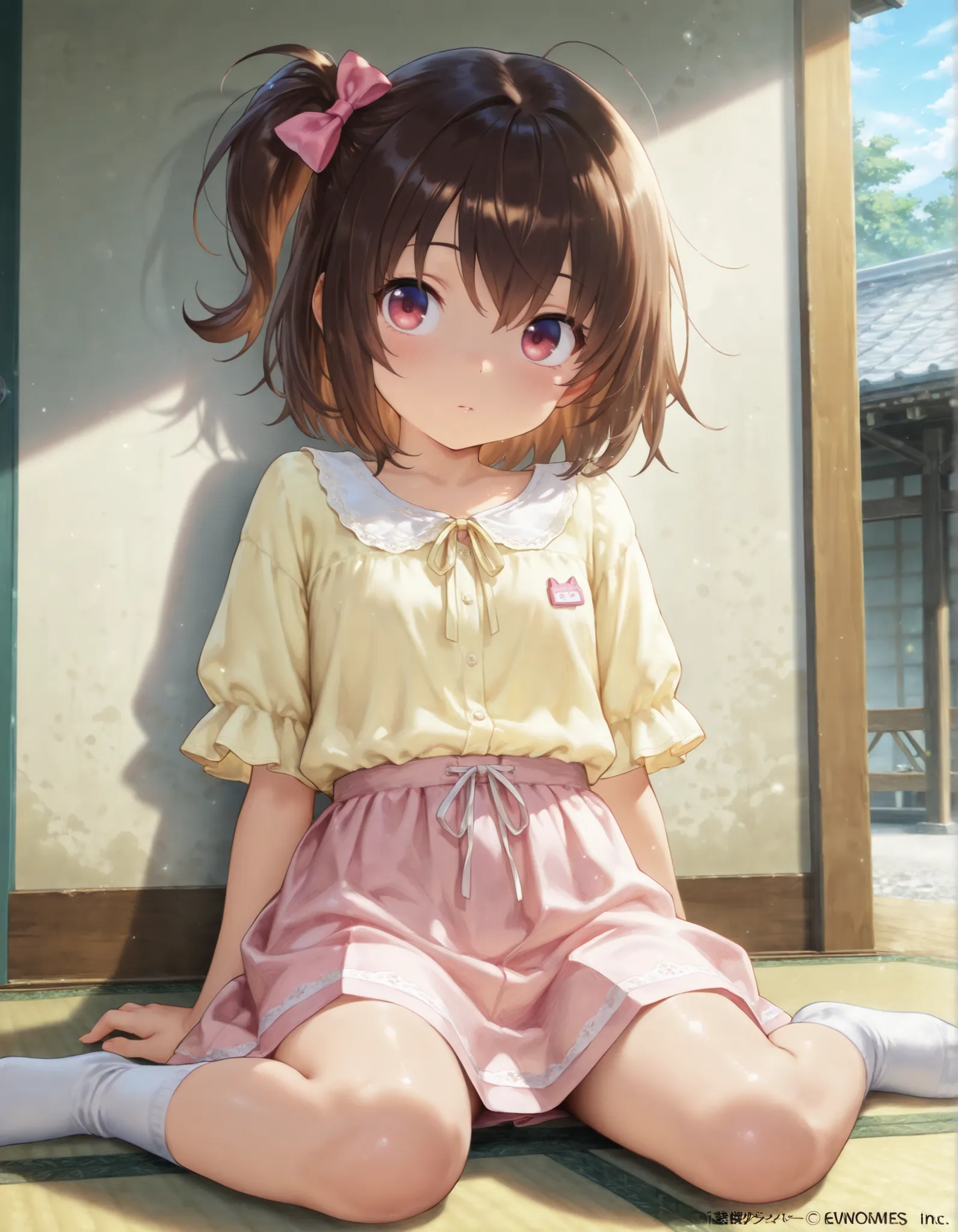 "ultra-detailed, best quality, beautiful eyes, extremely detailed, best quality, beautiful, Master piece, highres, best quality, official art, highres, masterpiece, newest",, "solo, 1girl, anashiraishi, brown hair, side ponytail, hair bow, yellow shirt, pi...
