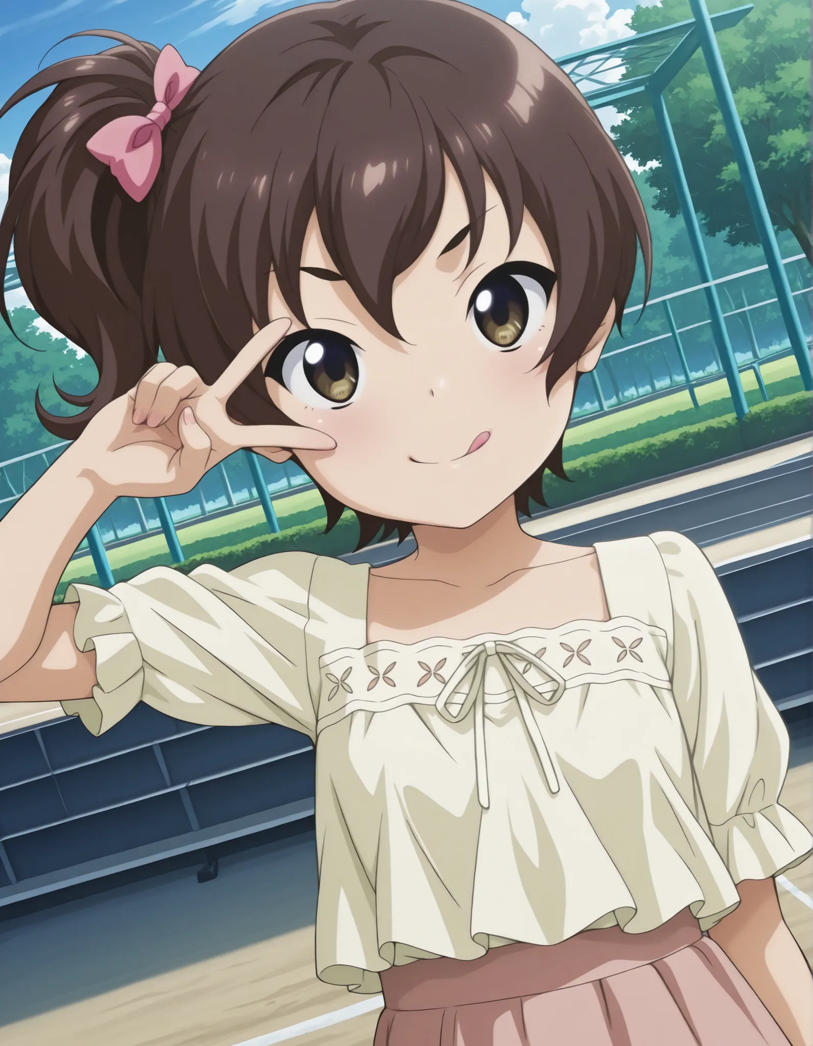 "ultra-detailed, best quality, beautiful eyes, extremely detailed, best quality, beautiful, Master piece, highres, best quality, official art, highres, masterpiece, newest",, "solo, 1girl, nanashiraishi, brown hair, brown eyes, :Q, side ponytail, hair bow"...