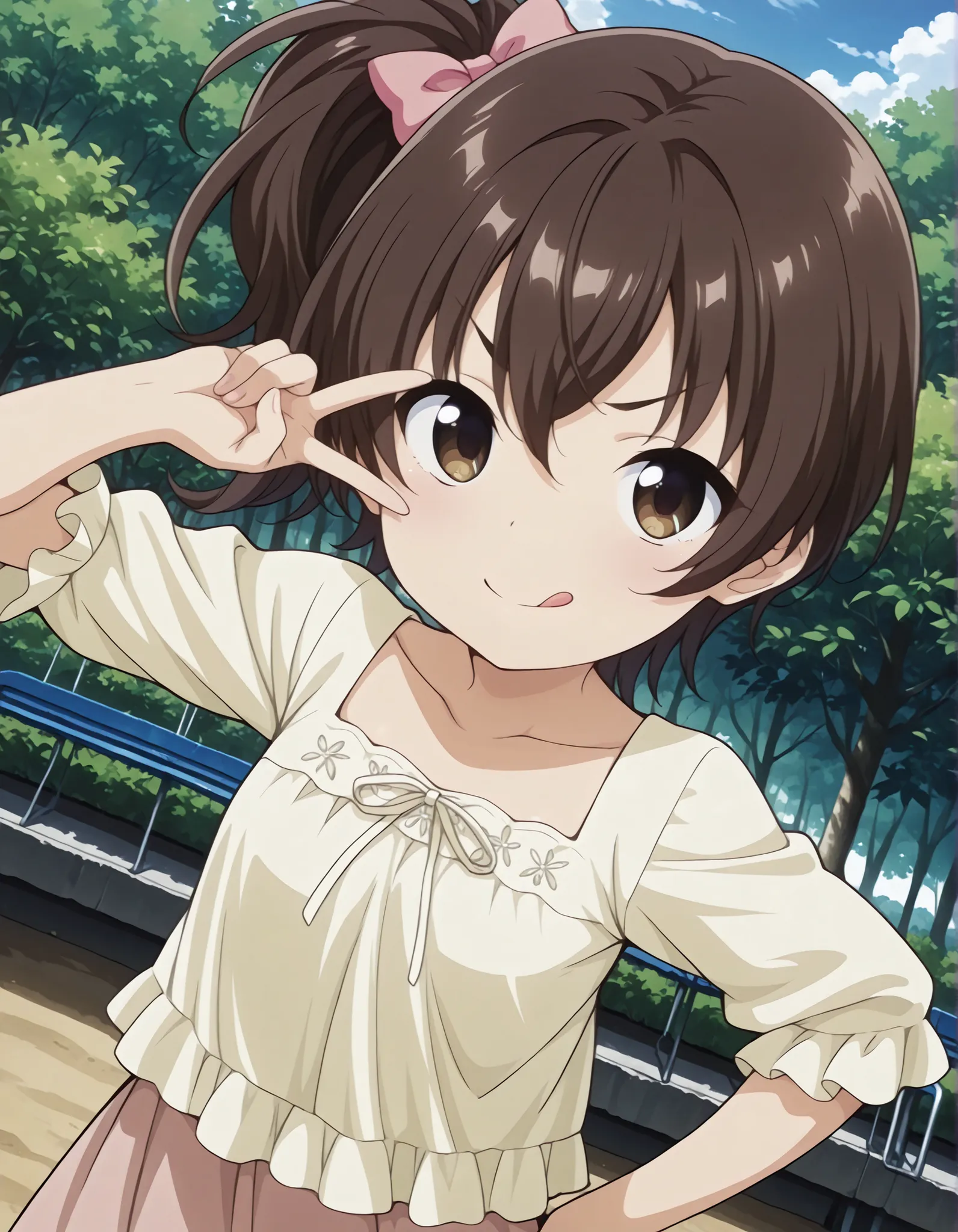 "ultra-detailed, best quality, beautiful eyes, extremely detailed, best quality, beautiful, Master piece, highres, best quality, official art, highres, masterpiece, newest",, "solo, 1girl, nanashiraishi, brown hair, brown eyes, :Q, side ponytail, hair bow"...