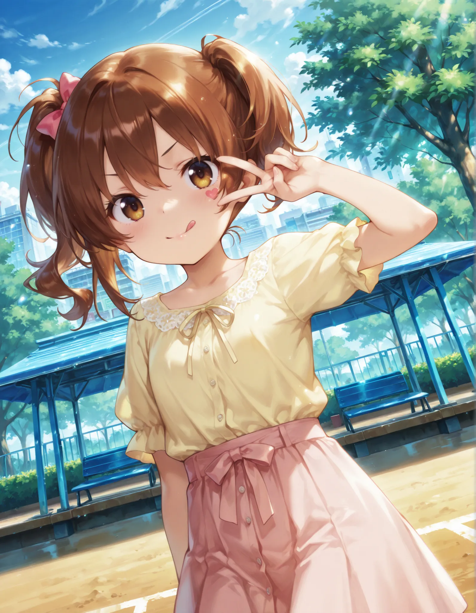 "ultra-detailed, best quality, beautiful eyes, extremely detailed, best quality, beautiful, Master piece, highres, best quality, official art, highres, masterpiece, newest",, "solo, 1girl, nanashiraishi, brown hair, brown eyes, :Q, side ponytail, hair bow"...