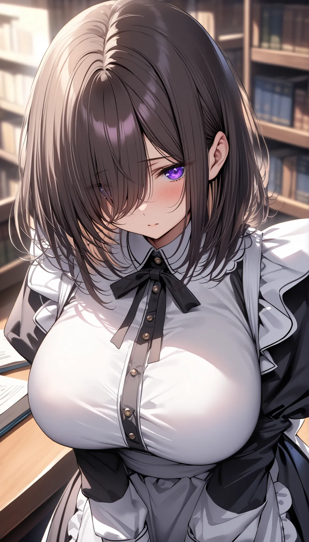 (masterpiece, Highest quality:1.2), (1girl), alone, ((medium hair)), ((dark brown hair)), ((straight hair)) ,((hair over face)), (hair over one eye), (hair over right eye), bloom, (black maid dress),long sleeves, white apron ,detailed eyes,(purple eyes), (...