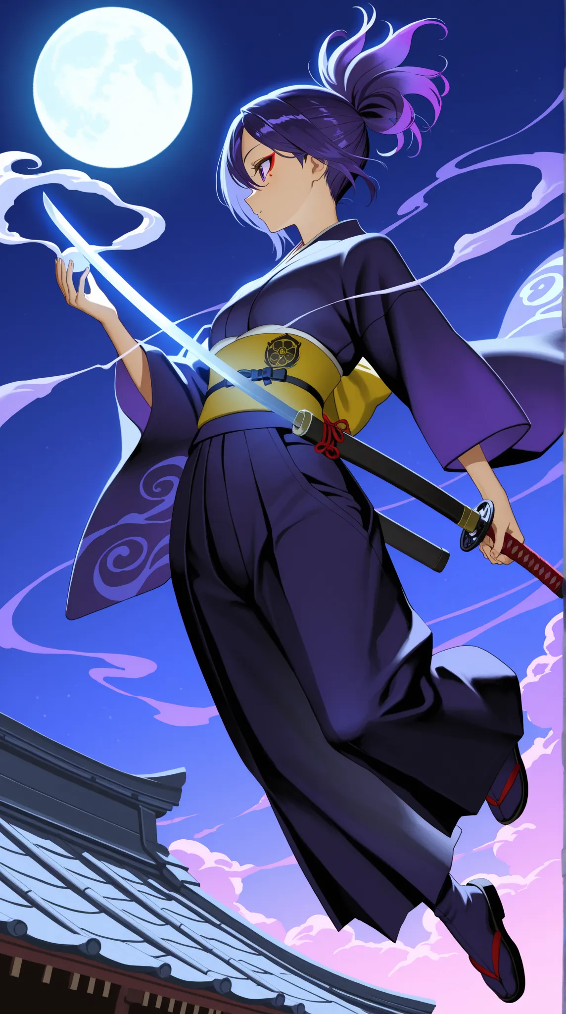 masterpiece, best quality, amazing quality, anime style, dynamic angle, side profile, jumping mid-air over traditional Japanese tiled rooftops, moonlit night sky, silver pipe (kiseru) in hand with flowing smoke plume, deep indigo ninja kimono with billowing sleeves, hakama trousers, wide obi belt embossed with paulownia crest, sugegasa hat tilted back, katana at waist, soft glowing moonlight edges, subtle kabuki eyeliner, slender yet strong silhouette, ethereal static-dynamic contrast
