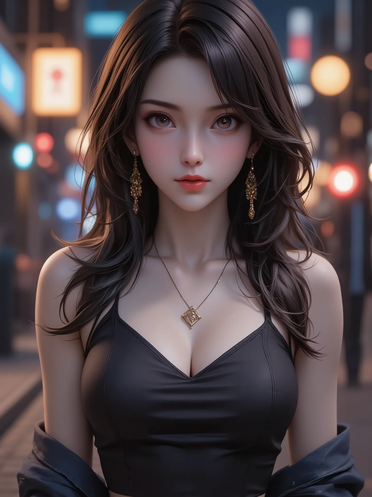 (masterpiece, best quality, photorealistic:1.2), absurd dress, ultra detailed, highress, detailed skin textures, 1 girl, solo, glowing lip, looking at viewer, jeans, standing, night, street, in the city, bokeh,
