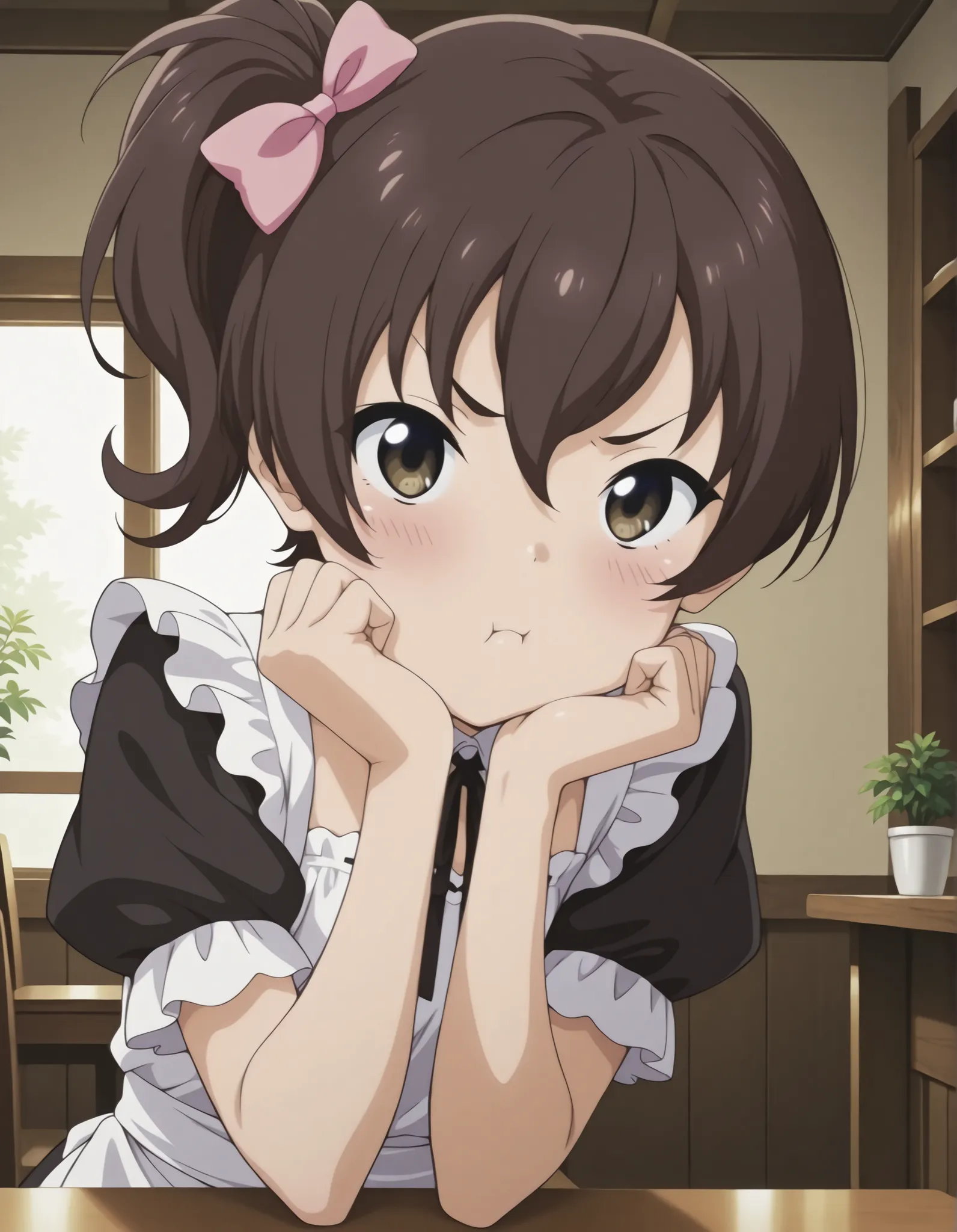 "ultra-detailed, best quality, beautiful eyes, extremely detailed, best quality, beautiful, Master piece, highres, best quality, official art, highres, masterpiece, newest",, "solo, 1girl, nanashiraishi, brown hair, brown eyes, pout, blush, side ponytail,...