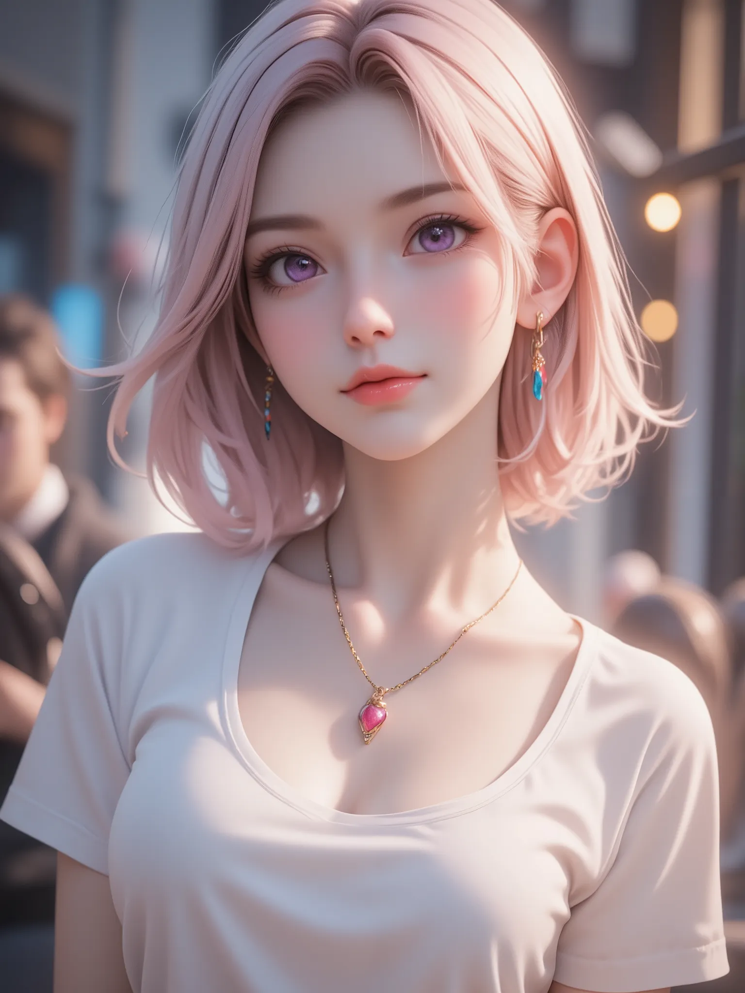 best quality, masterpiece, High resolution, portrait, Actual, Purple Eyes, light pink hair, short hair, Normal Breasts, 8K resolution, high quality CG, Beautiful CG, Soft Light, fashion brand image, Fashionable and casual, The Tyndall effect, life like, st...