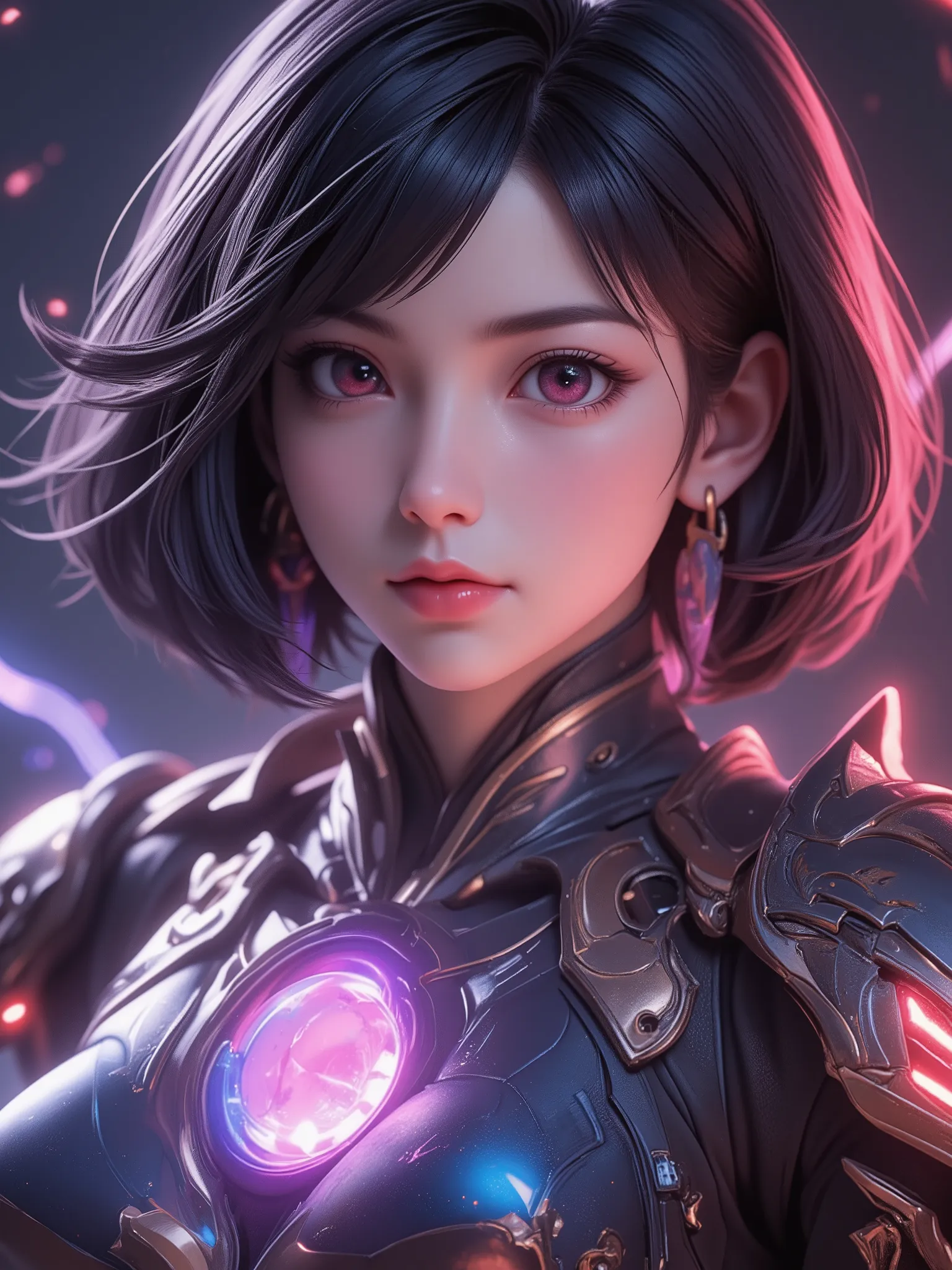 A very bright and extremely charming girl, fuses modern and futuristic warrior elements, A very bright and extremely charming lady with a mysterious ancient artifact embedded in her body, with exquisite battle armor, Brilliant , Stunning, girl, android...
