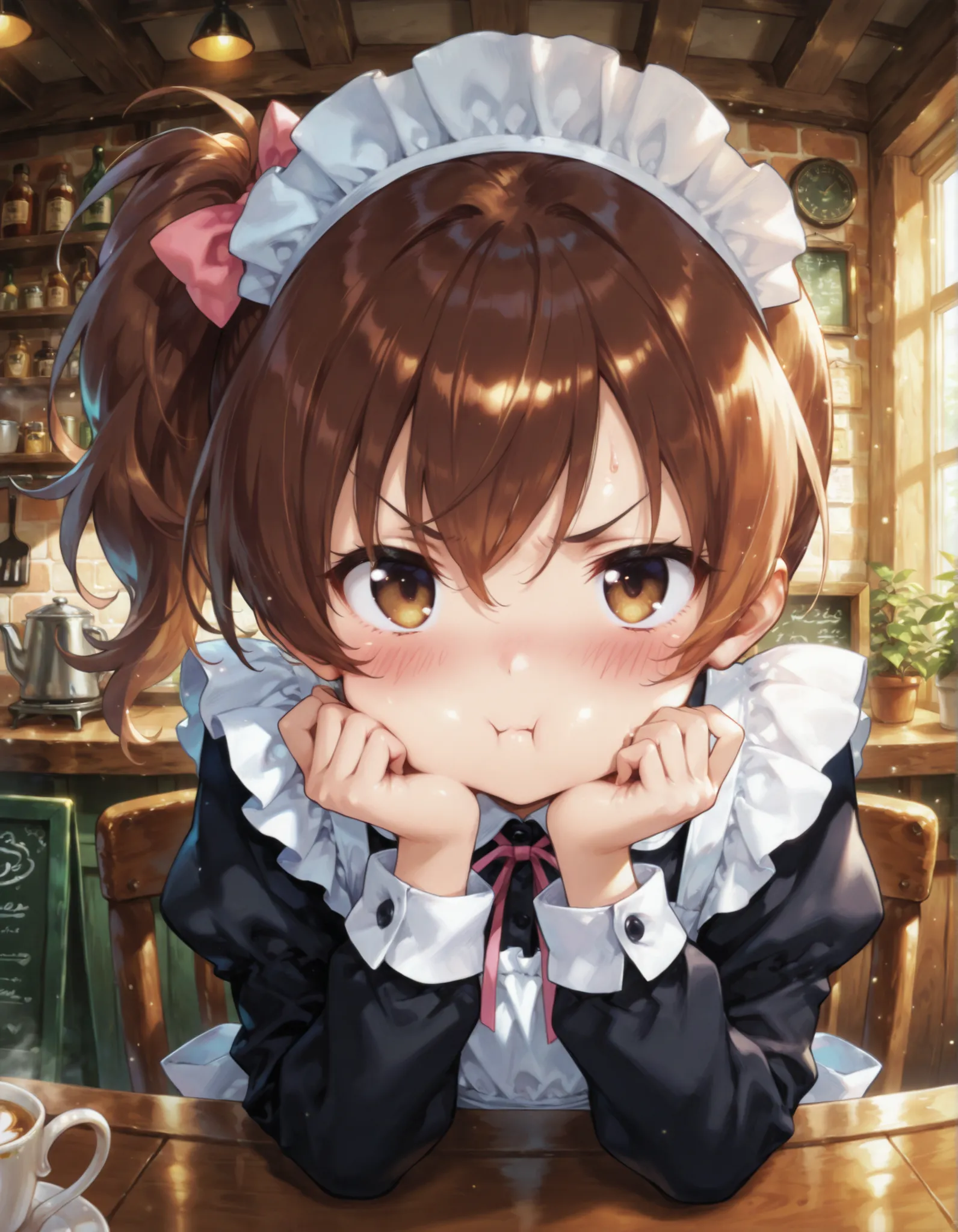 "ultra-detailed, best quality, beautiful eyes, extremely detailed, best quality, beautiful, Master piece, highres, best quality, official art, highres, masterpiece, newest",, "solo, 1girl, nanashiraishi, brown hair, brown eyes, pout, blush, side ponytail,...