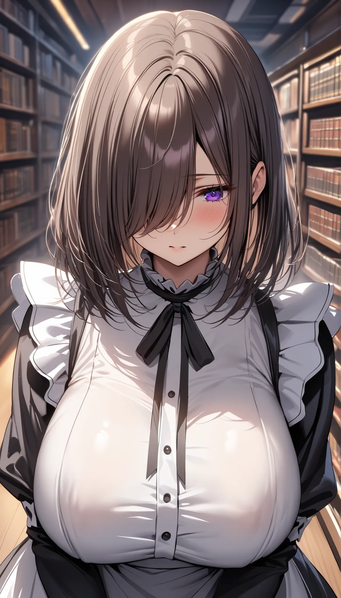(masterpiece, Highest quality:1.2), (1girl), alone, ((medium hair)), ((dark brown hair)), ((straight hair)) ,((hair over face)), (hair over one eye), (hair over right eye), bloom, (black maid dress),long sleeves, white apron ,detailed eyes,(purple eyes), (...