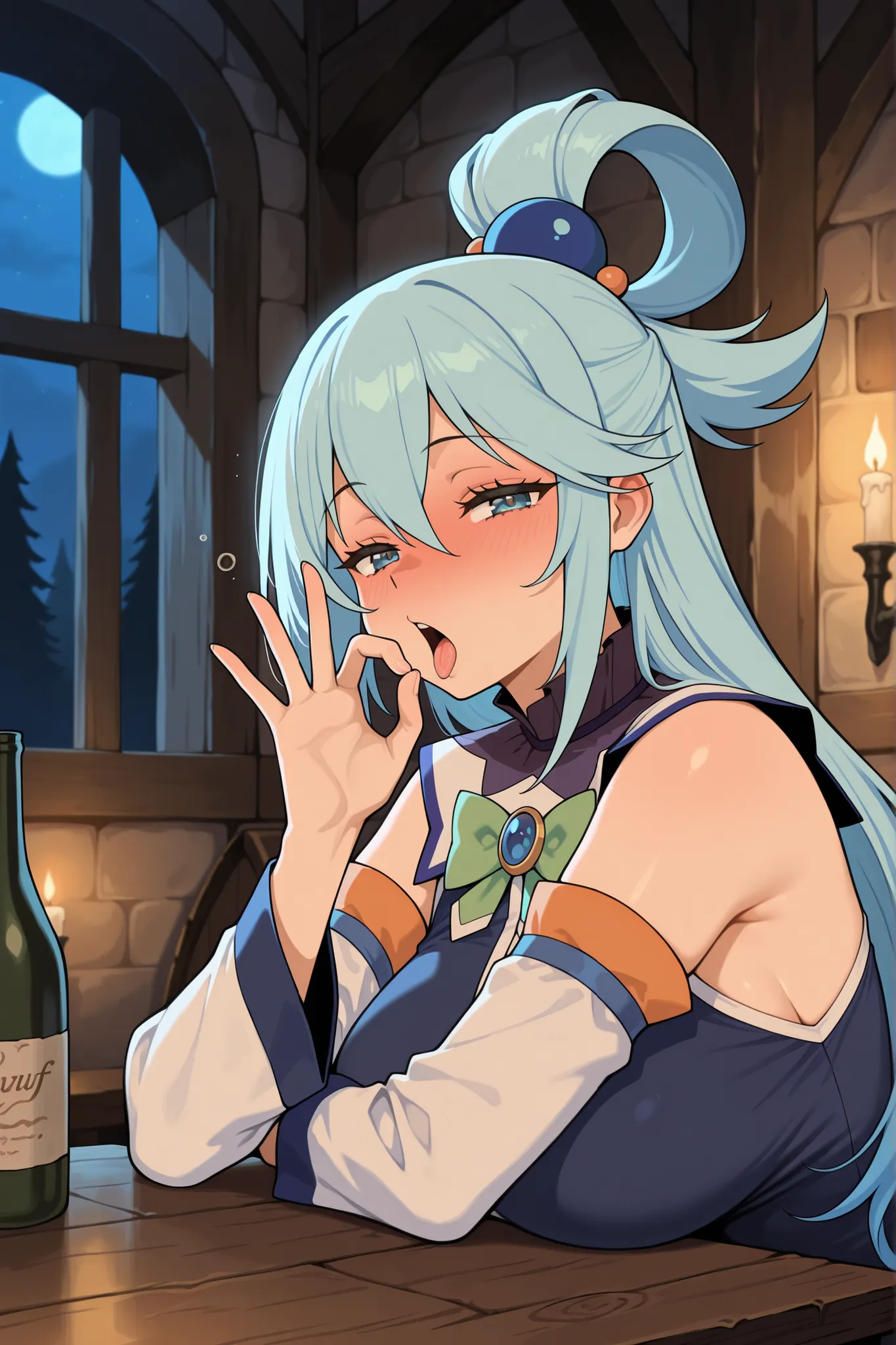 masterpiece, best quality, amazing quality, absurdres, highres,anime screencap, 1girl, AEAquaDef, blue eyes, blue hair, single hair ring, hair ornament, green bow, blue shirt, sleeveless, detached sleeves, White sleeves, curvy,large breasts,  drunk,Traven,...